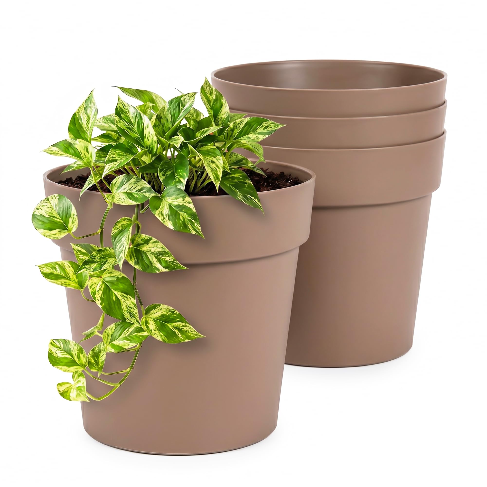 Lizzy 4 Pack Plastic Plant Pots 24cm | Round Flower Pots with Classic Design Indoor Outdoor Plant Pots Heavy Duty Garden Planters for Plants Flowers Herbs Stylish Sand Pots