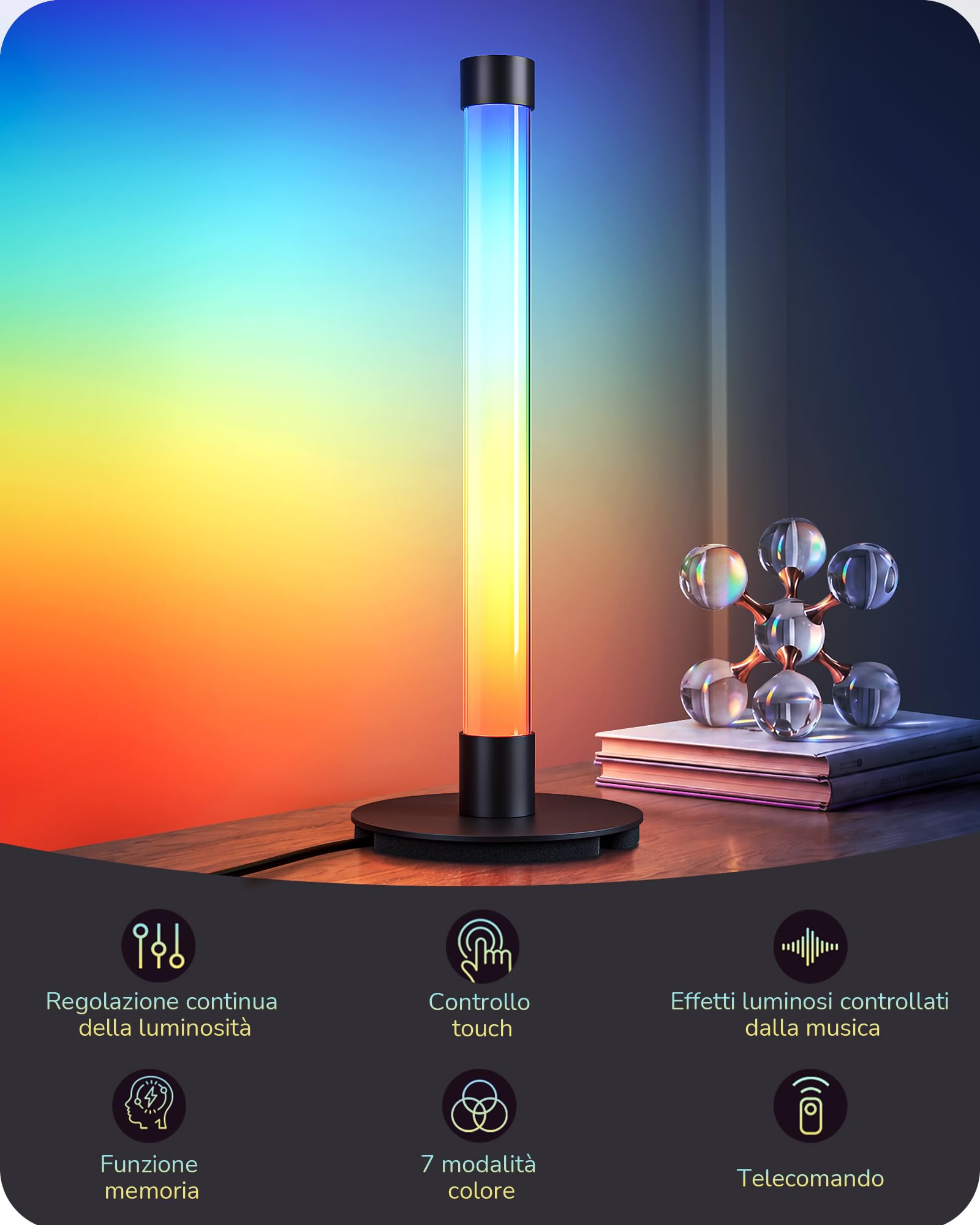 EDISHINE Lampada da Tavolo LED, RGB & Bianco Caldo, Sync Musicale, Nera