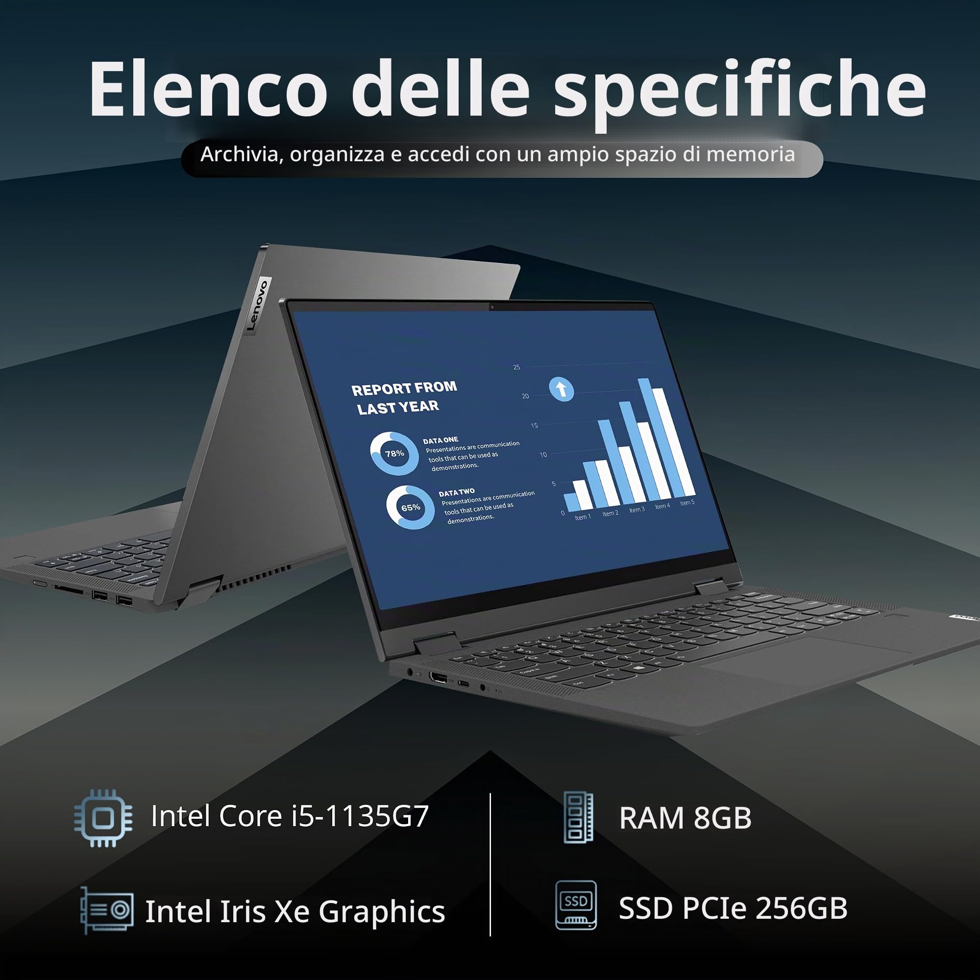 Lenovo IdeaPad Flex 5 - Computer portatile touchscreen FHD da 15,6", Intel Core i5 1135G7, 8 GB di RAM, SSD da 256 GB, Intel Iris Xe, tastiera retroilluminata, lettore di impronte digitali, webcam HD,