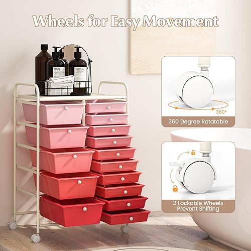 Miniatura 7 de RELAX4LIFE Carritos de almacenamiento de 15 cajones, carrito móvil con ruedas, organizador de manualidades para organización y almacenamiento en el