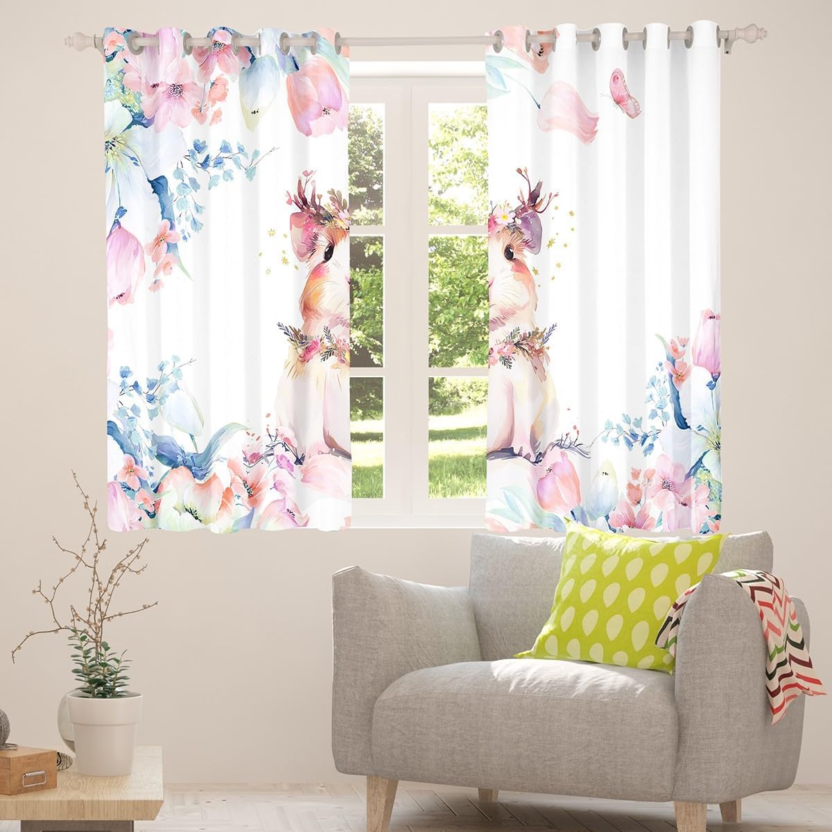 Feelyou Kids Cute Guinea Pig Curtains for Bedroom (2 Panels, 38 x 45 Inch) Boys Girls Kawaii Cavy Pattern Blackout Curtains Flower Floral Print Darkening Drapes Cartoon Lovely Pet Animal