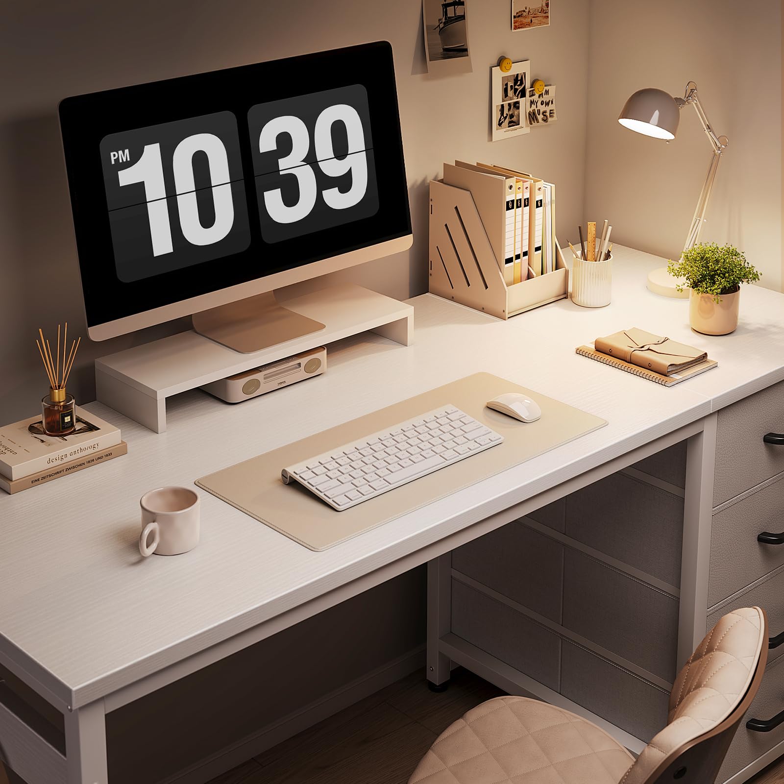 ODK Kleiner Schreibtisch mit 4 Schubladen, 100x48x75.7cm Computertisch Umkehrbarer Bürotisch mit Kopfhörer Halter, PC Tisch Holz für Heimbüro, Weiß