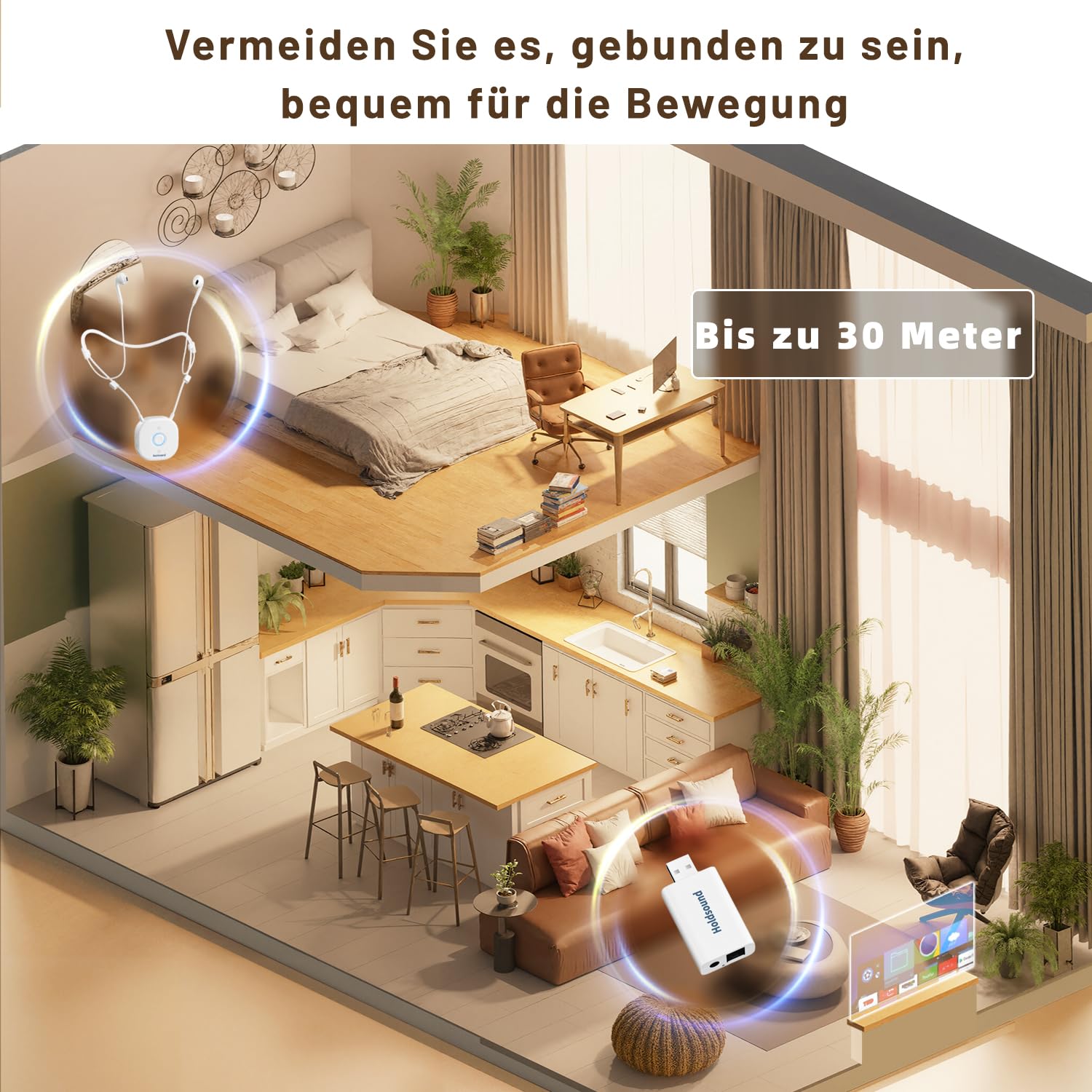Holdsound Funkkopfhörer Kabellos für TV, Kopfhörer für Fernseher mit USB-Sender, Einfache Einrichtung für Senioren, Keine Verzögerung, 30 Meter Reichweite, 15 Std (Milchweiß)