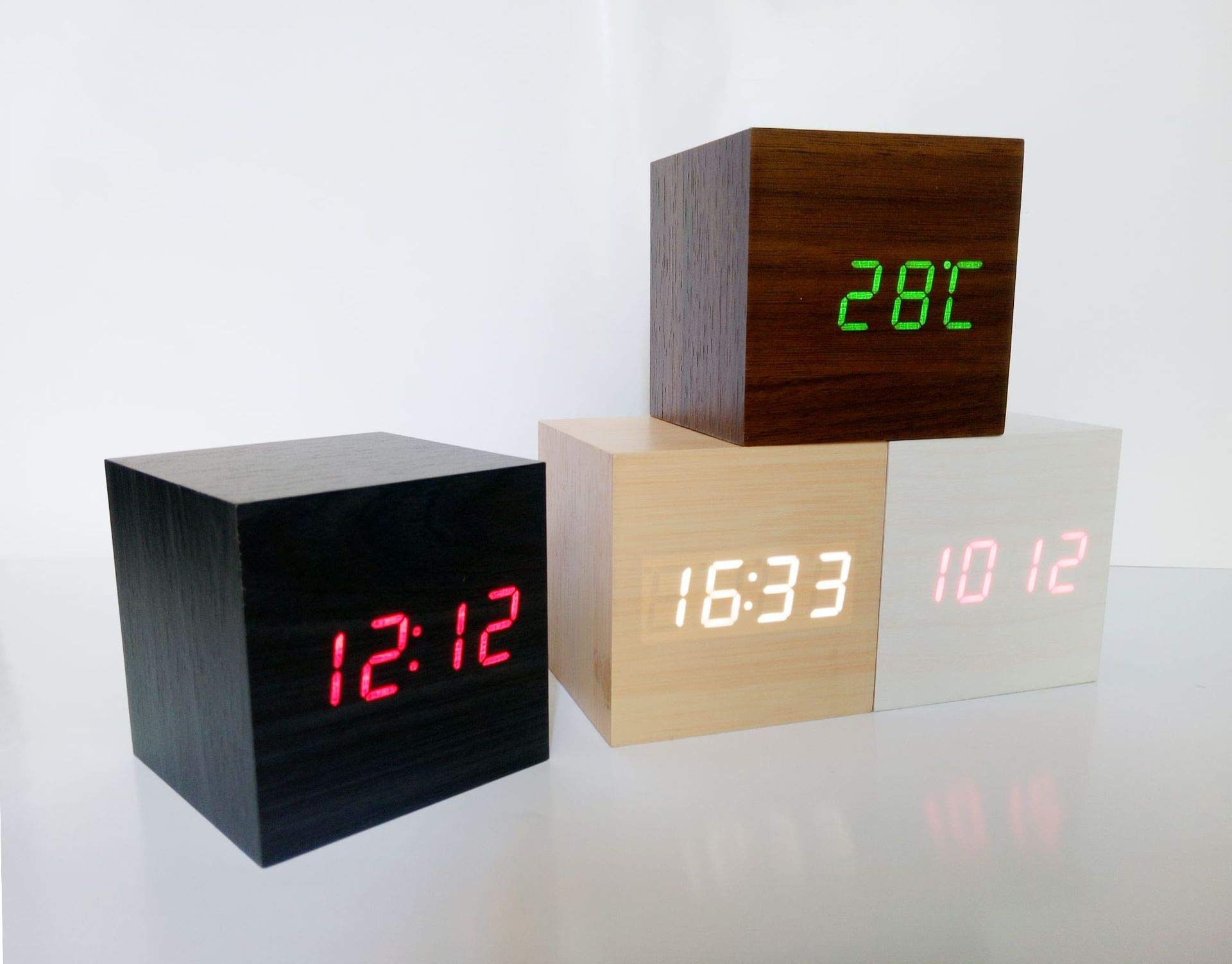 Reloj despertador digital de madera con temperatura y fecha para mesa