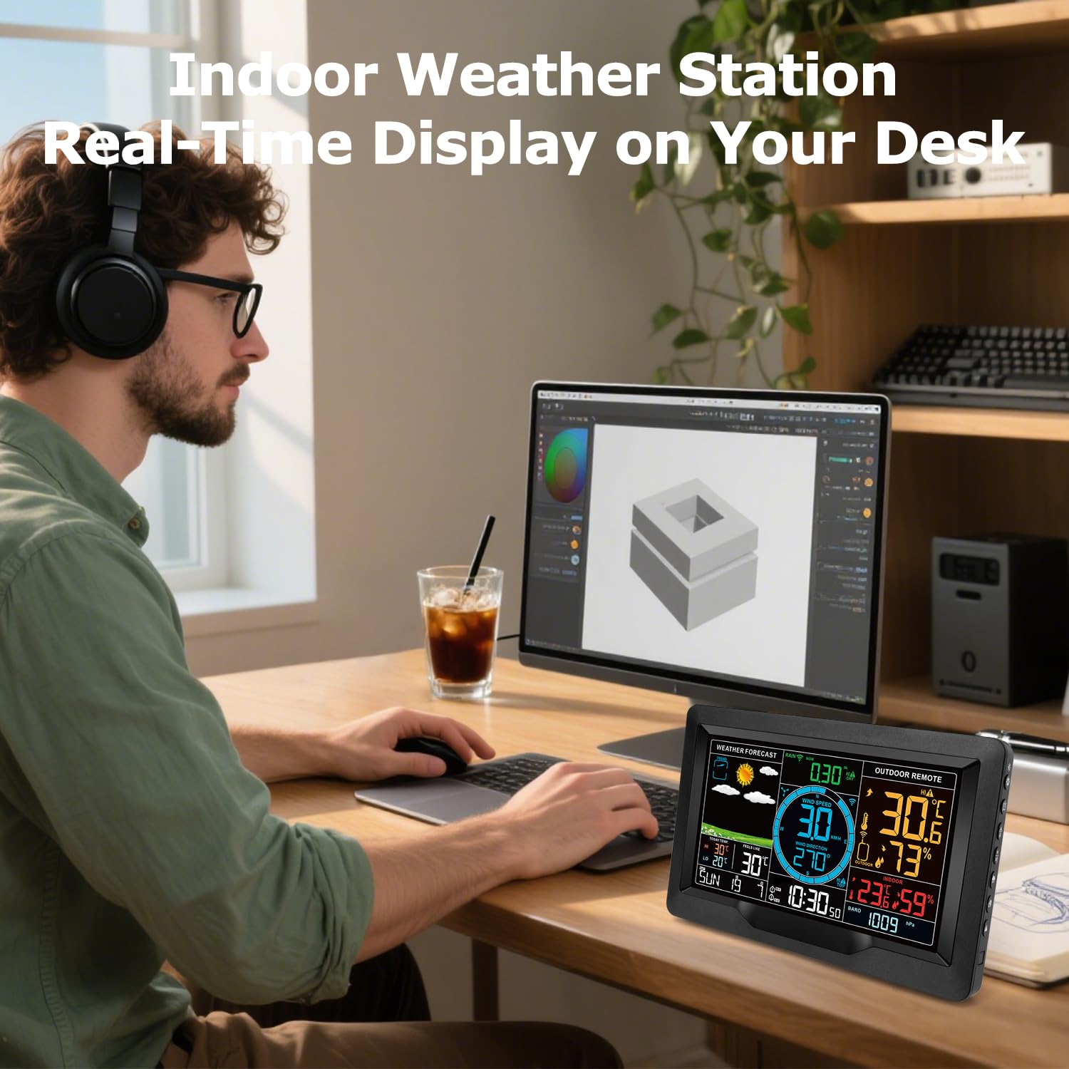 Stazione meteo wireless con sensore esterno, velocità del vento e pluviometro 10 in 1, monitor di umidità della temperatura, barometro, previsioni meteo, calendario e sveglia, display LCD per la casa