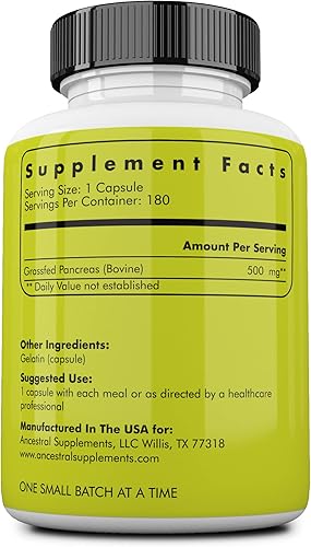 Miniatura 2 de Ancestral Supplements Páncreas alimentado con pasto  Enzimas digestivas proteolíticas incluyendo tripsina y soporte pancreático 180 cápsulas
