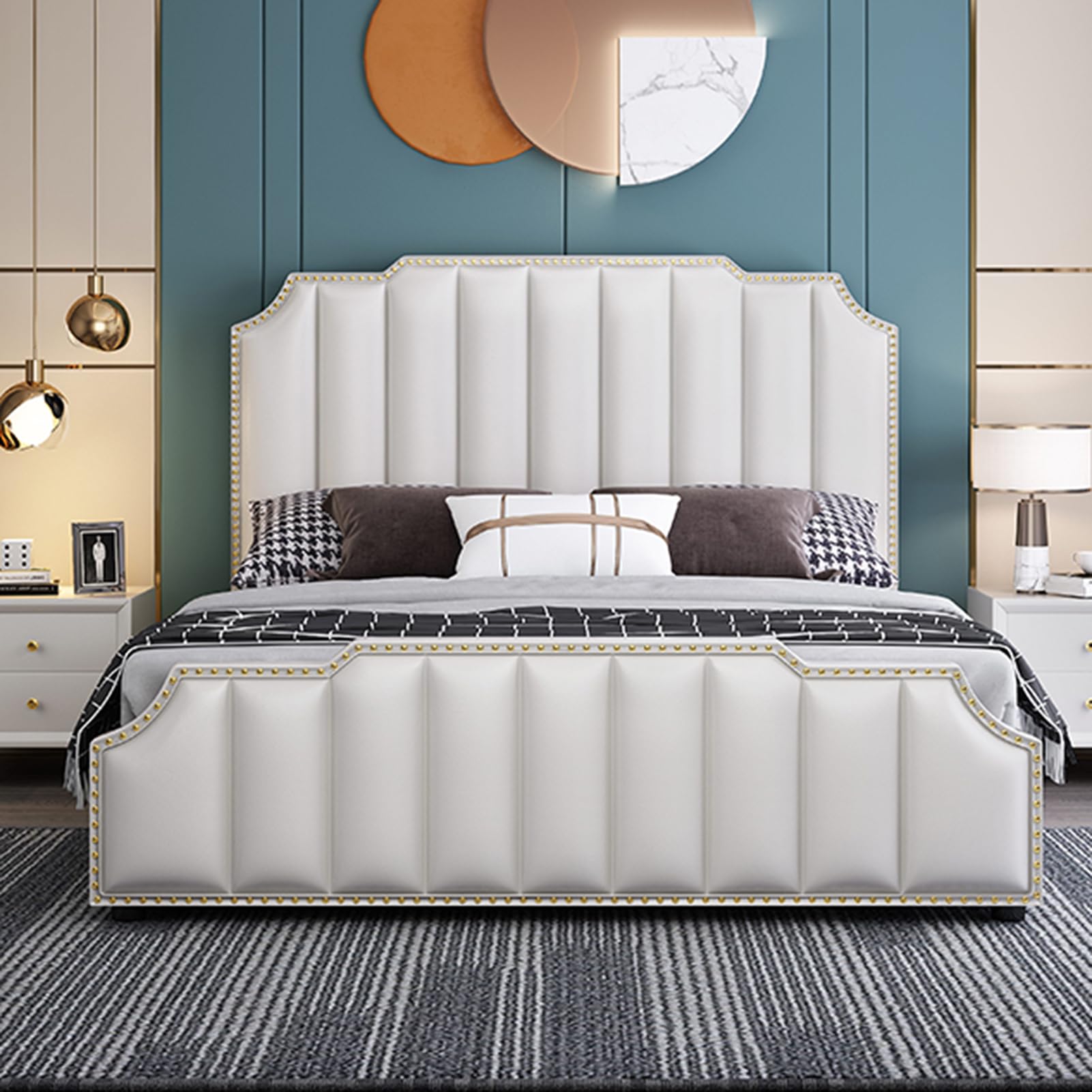 White King Size Genuine Leather Wood Bed Upholstered Platform Bed Frame with Wingback Headboard and Drawers Wooden Slats