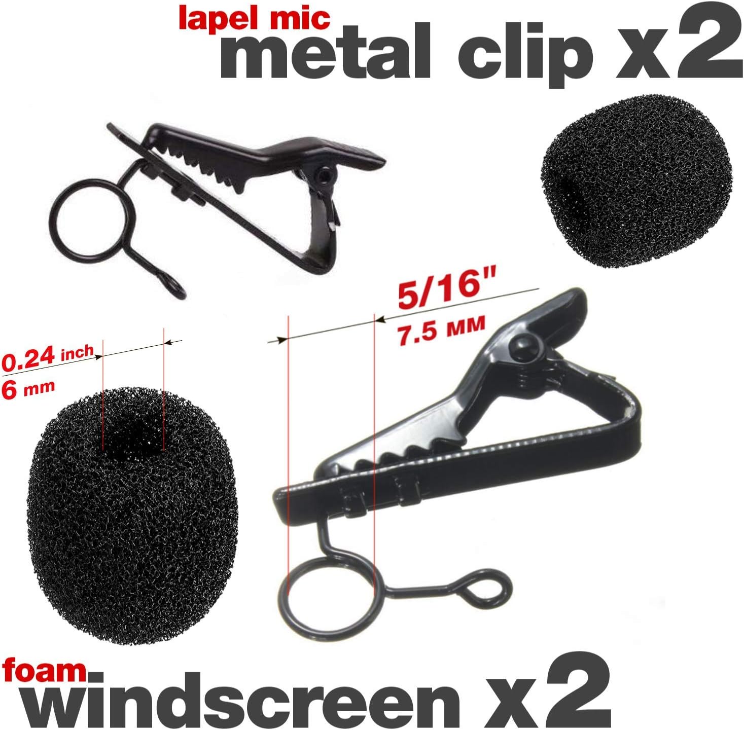 2 Lapel Mic Clip 5/16" + 2 Foam Windscreen Cover Lav Mic Clip Lavalier Microphone Clips