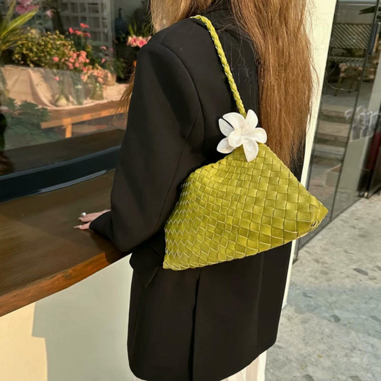Handtasche Frauen Pu Handgewebte Schultertasche, Gemüse Korb Segelboot Eimer Urlaub Casual Handtasche-Off Weiß