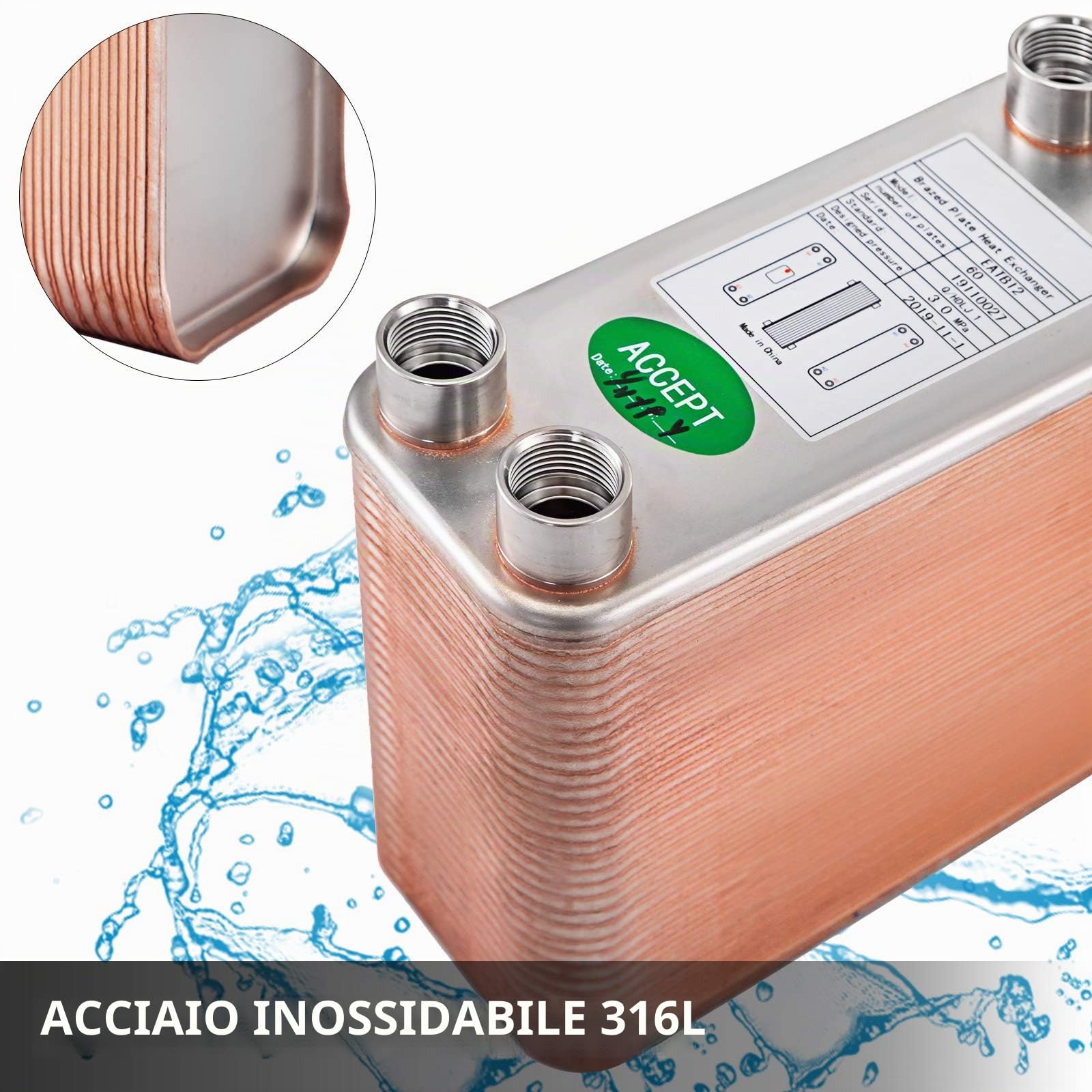 VEVOR Scambiatore di Calore 60 Piastre Scambiatore di Calore per Riscaldamento B12-60 Scambiatore di Calore Piastre in Acciaio