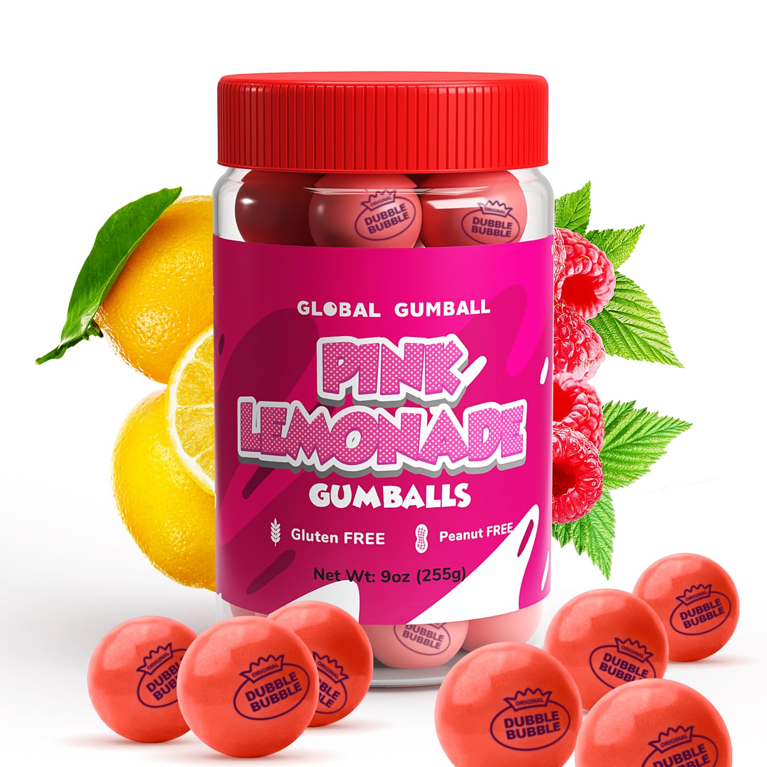 Gumballs in Jar - 1 Inch Large Gumballs - Pink Lemonade Flavored Bubble Gum Pink Gumballs - Kids Gum - Gumballs for Kids - 9 OZ