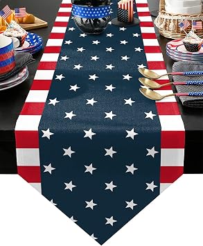 Linen Burlap Table Runner Dresser Scarves, Independence Day 4th of July Table Runners for Dinner Holiday Party, Kitchen Dining Table Decor American Flag 13x48in