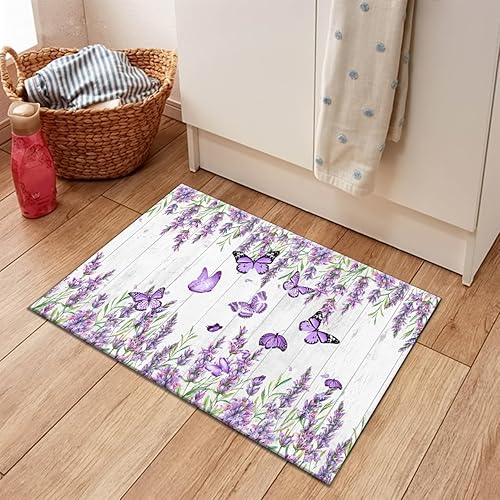 Miniatura 7 de LB Tapetes de cocina con estampado floral morado lavanda para cojines de piso, tapete de cocina antifatiga, juego de 2 alfombras y alfombras de