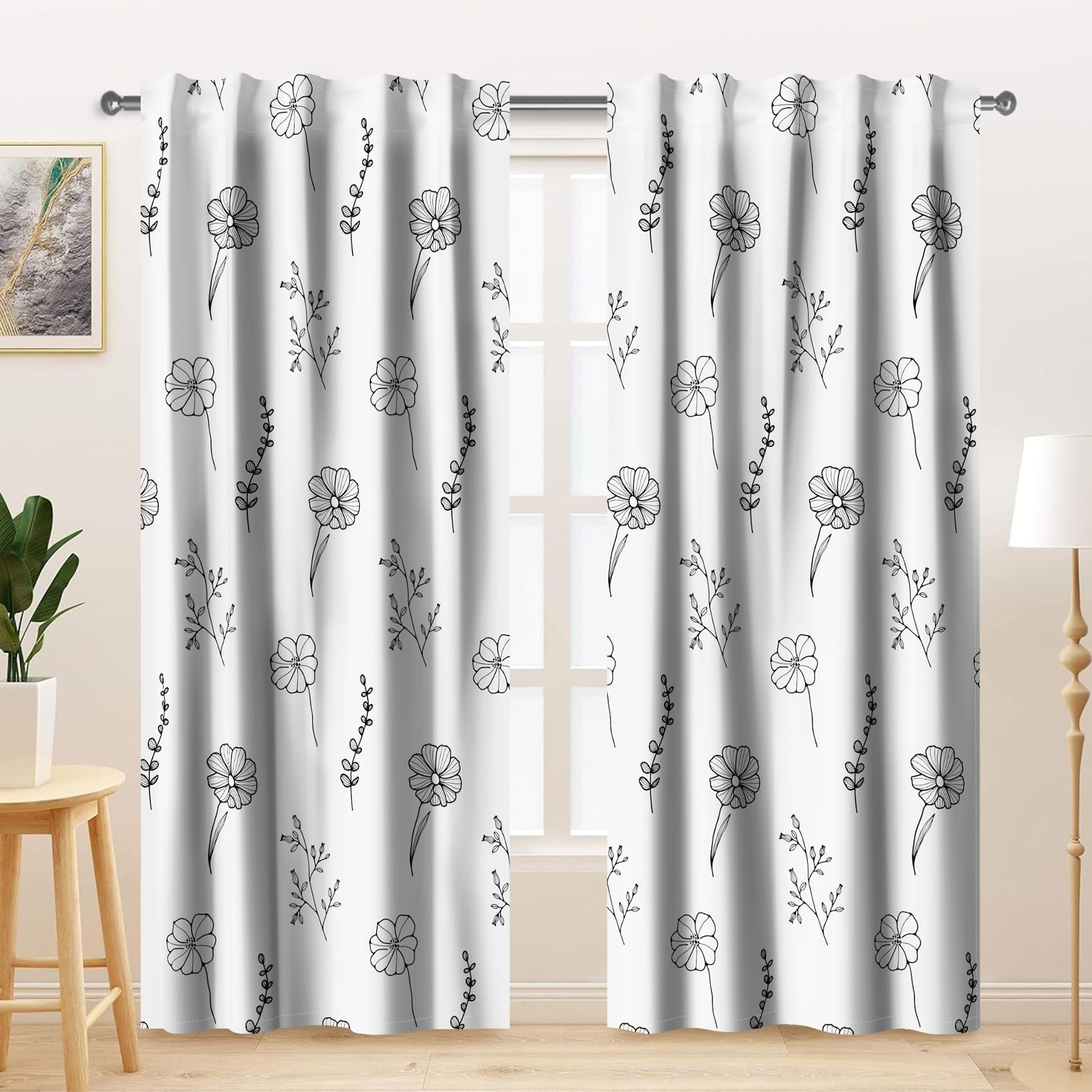 Kzzfqxb 2 Panels 117x229cm Floral Curtains, White Black Botanical Herb Wild Flowers Stems Daisy Weeds Buds Rod Pocket Window Drapes, Elegant Clean Decor for Living Room Bedroom Dining Room