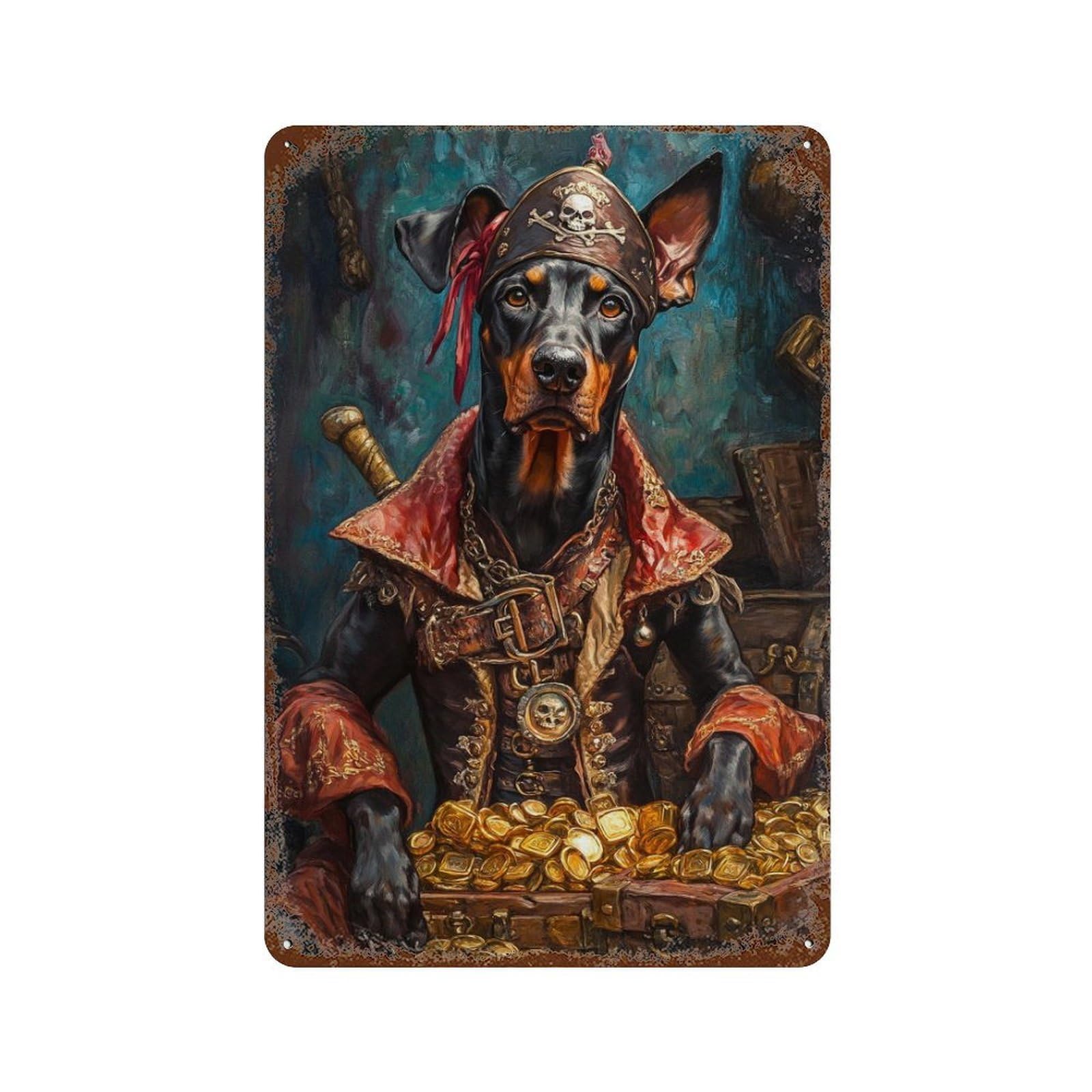 Distressed Metal Wall Sign Pirate Dog Treasure Chest-39 11.8"x7.9", Old School Wall Decor for Bistro, Counter And Cafe Decor