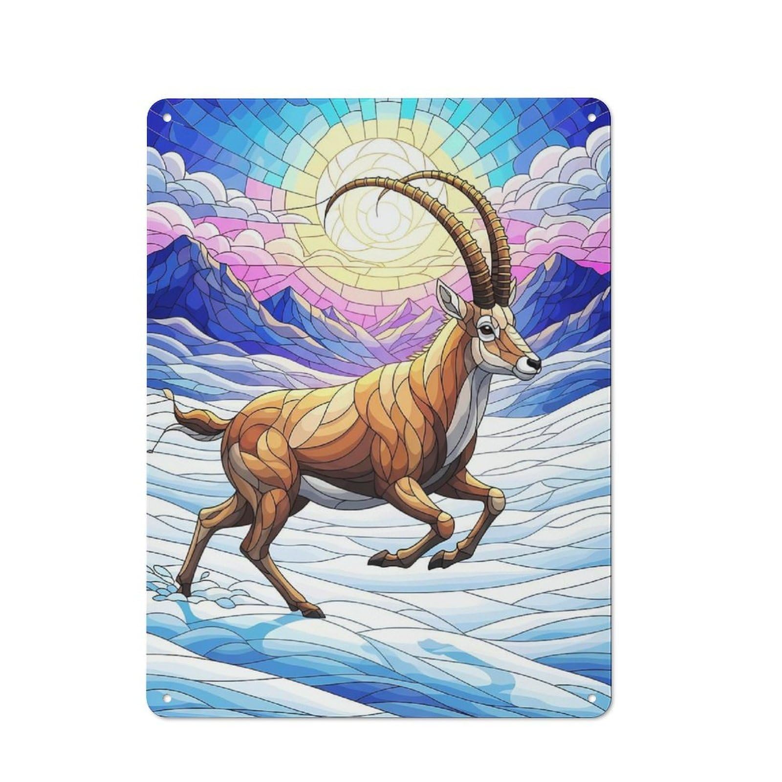 Junmoney Stained Glass Ibex In Winter Landscape Industrial-Style Metal Plaque 40X30cm For Hallway Wall, A Winter Wall Decor Update For Hallway Decor Lovers