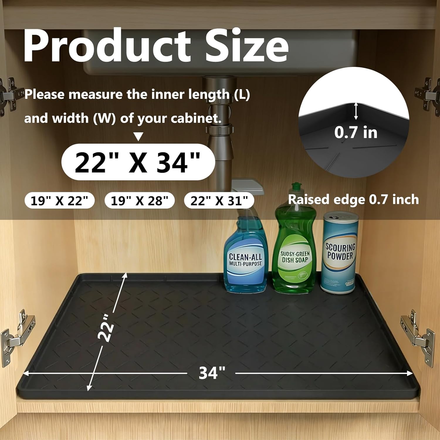 Mateeylife Under Sink Mats for Kitchen Waterproof 34"X22", Undersink Protectors，Silicone Mat Cabinet Liner, Under Sink Organizer for Bathroom and Kitchen，Boot Tray Pet Food Mat, Classic Black