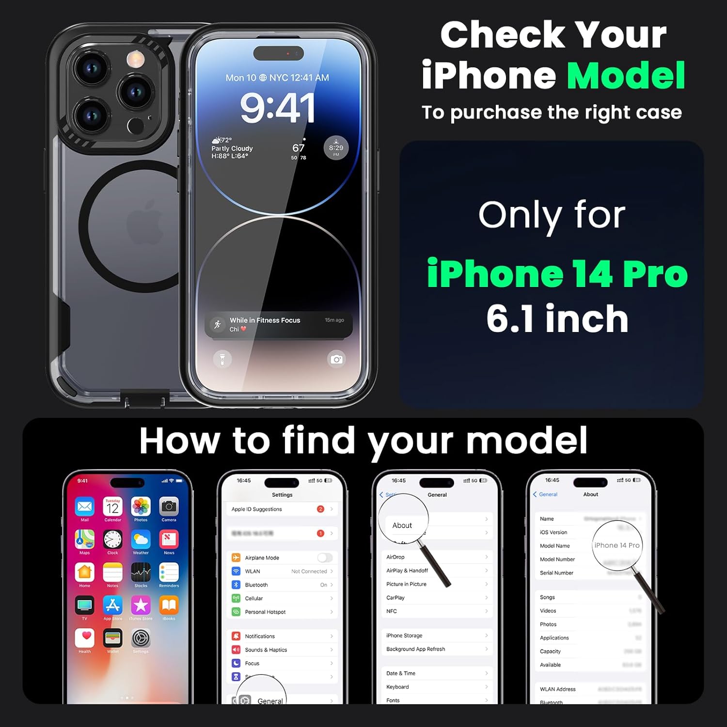 Janmitta for iPhone 14 Pro Case, Compatible with MagSafe, 3 in 1 Full-Body Military-Grade Drop Proof Case, Port Anti-Dust Scratch Matte Back Phone Cover, Clear Black - Image 8