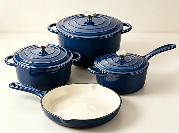 QuliMetal Enameled Cast Iron Cookware Set, 4-Piece Pots and Pans Set with Lids, 10.25 Skillet, 2QT Saucepan, 2.8QT & 4.8QT Dutch Ovens, Oven Safe to 500F, All Stovetops Compatible - Navy Blue