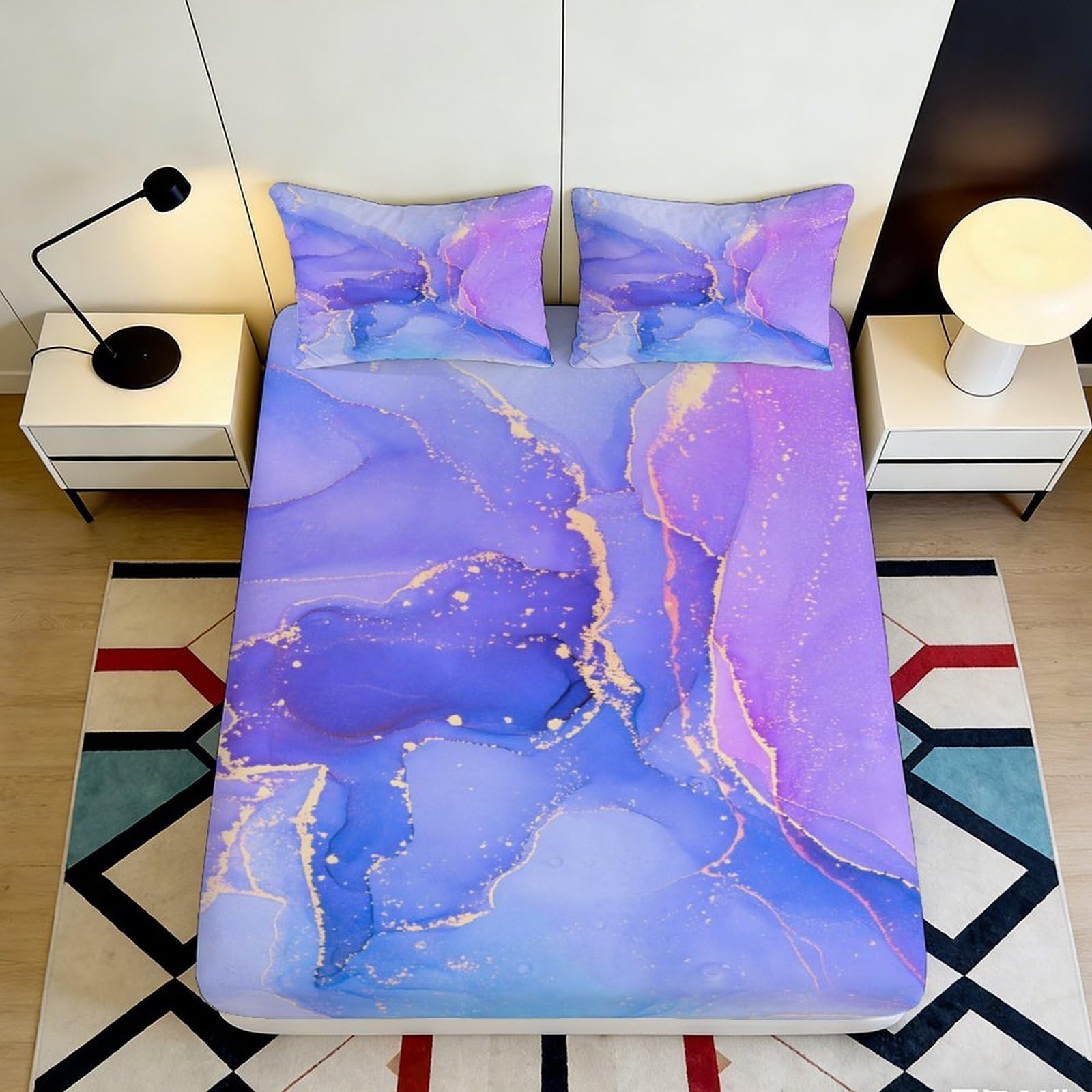 3D Printed Watercolor Marble Fitted Sheet Microfiber Soft Purple Blue Abstract Mattress Cover Bedroom Decor 90x200x25cm