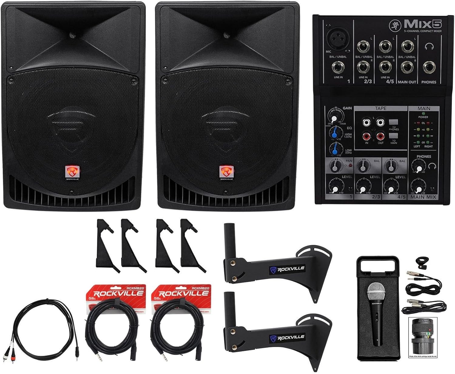 Audiosavings Bundle: (2) Rockville RPG15 15" 1000W Powered Speakers+(1) RPW20 Wall Mounts+(1) Mackie Mix5 5-Ch Mixer+(2) RCXMB20B 20' Cables+(1) RNRMR10 10' Cable+(1) RMC-XLR Handheld Mic (8 Items)