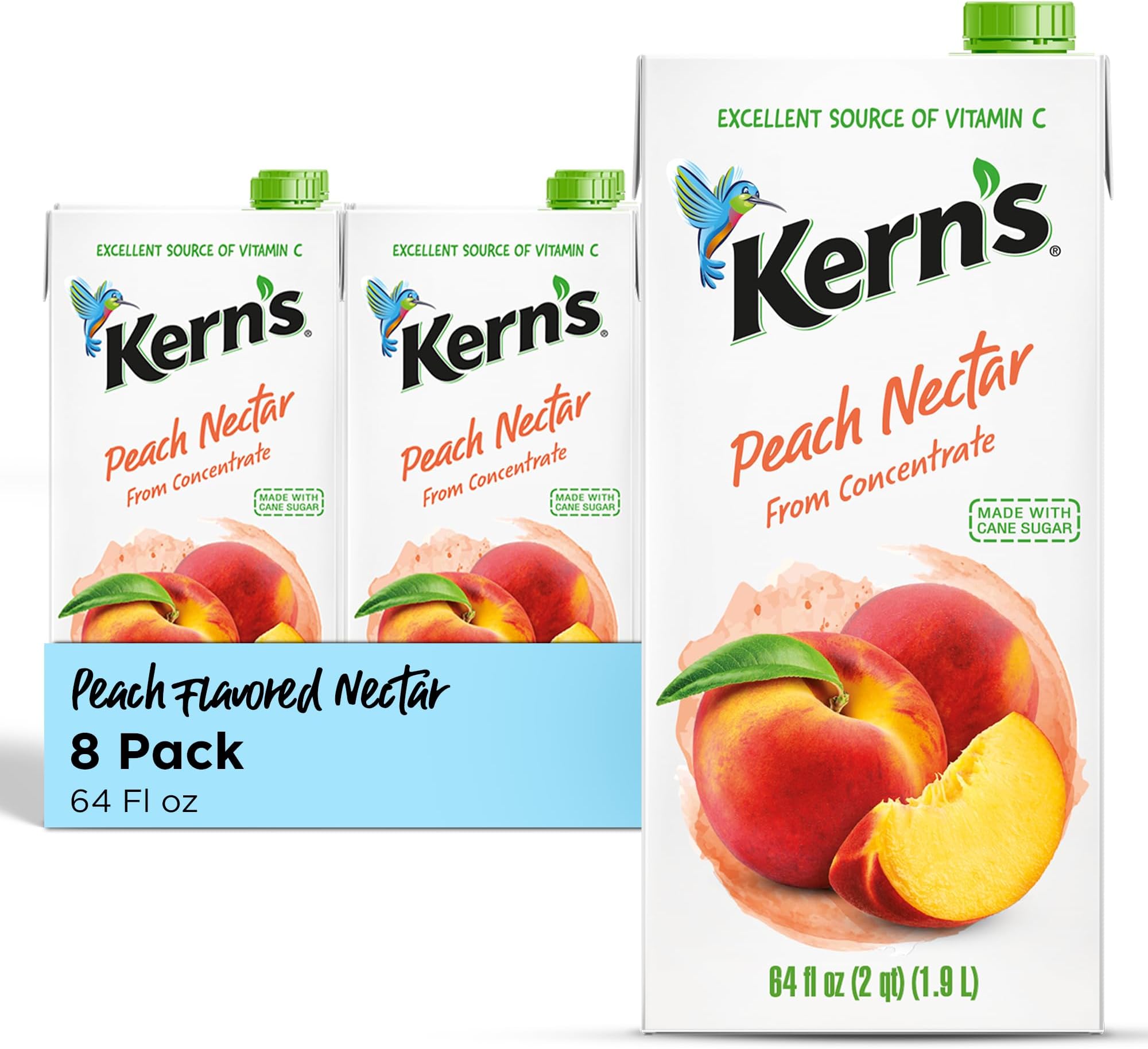Kern’s Peach Juice Nectar - Peach Nectar Made with Fresh Fruit Puree - Fruit Juice Concentrate for Smoothie Mix, Cocktail Mixers & Kids Drinks & Beverages - 64oz, 8 Pack Carton