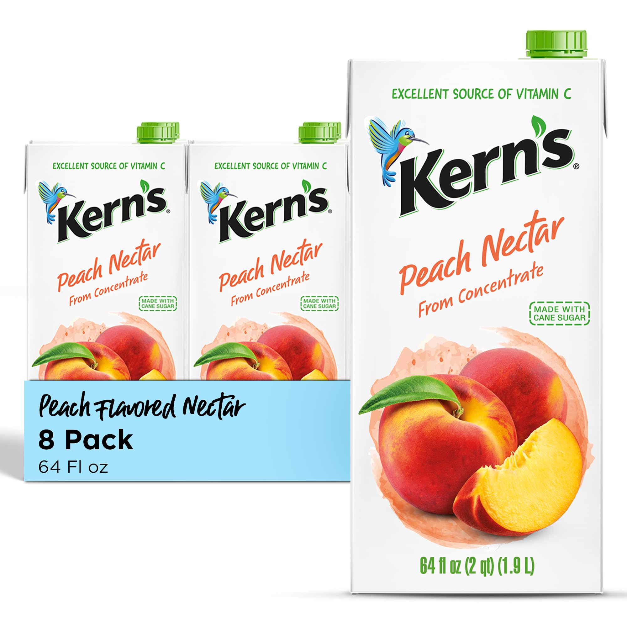 Kern’s Peach Juice Nectar - Peach Nectar Made with Fresh Fruit Puree - Fruit Juice Concentrate for Smoothie Mix, Cocktail Mixers & Kids Drinks & Beverages - 64oz, 8 Pack Carton