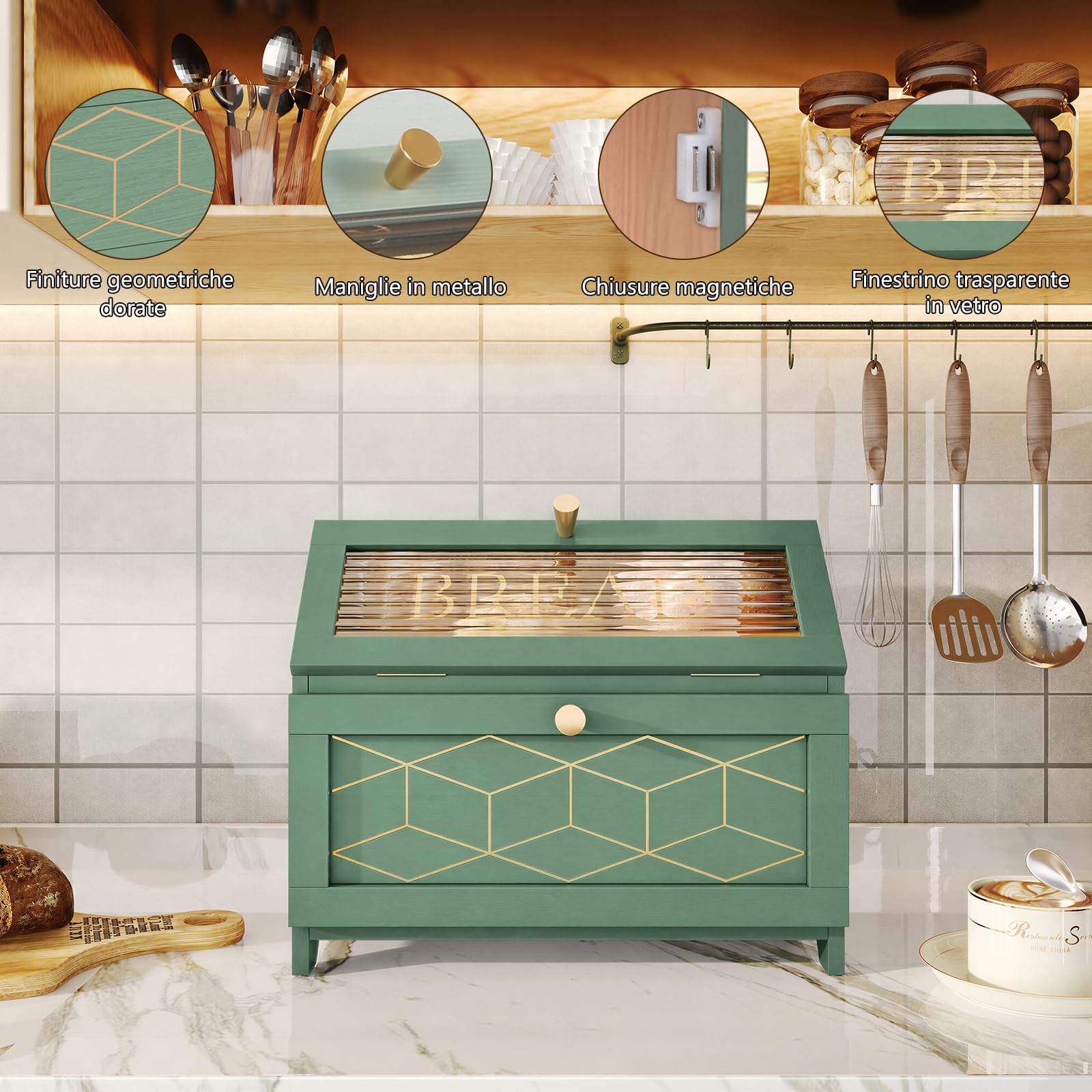 Portapane Legno a 2 Livelli con Finestra Trasparente, Portapane Moderno da Cucina con Ampio Spazio di Archiviazione, Porta Pane da Cucina per Pane, Snack e Alimenti, Verde