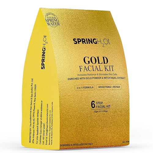 Spring H2O Gold Facial Kit 6 Step with Gold Powder & Witch Hazel Extract for Skin Brightening, Deep Cleansing & Instant Glow | Professional Salon Facial Kit for All Skin Types | Home Spa