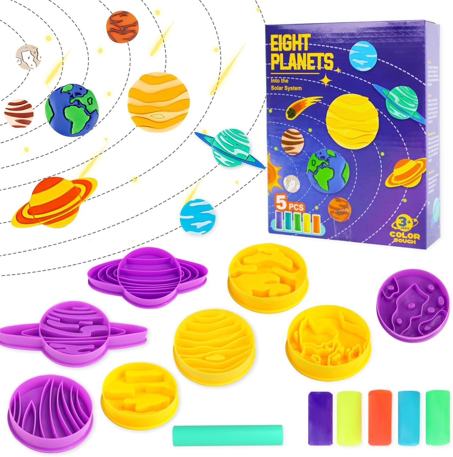Color Dough Sets, 14-Pcs Mini Dough Playset Tools Bulk Pack Classroom, Planets Theme for Kids Solar System Toys, Play Clay Accessories Gift for Birthday Party Favors