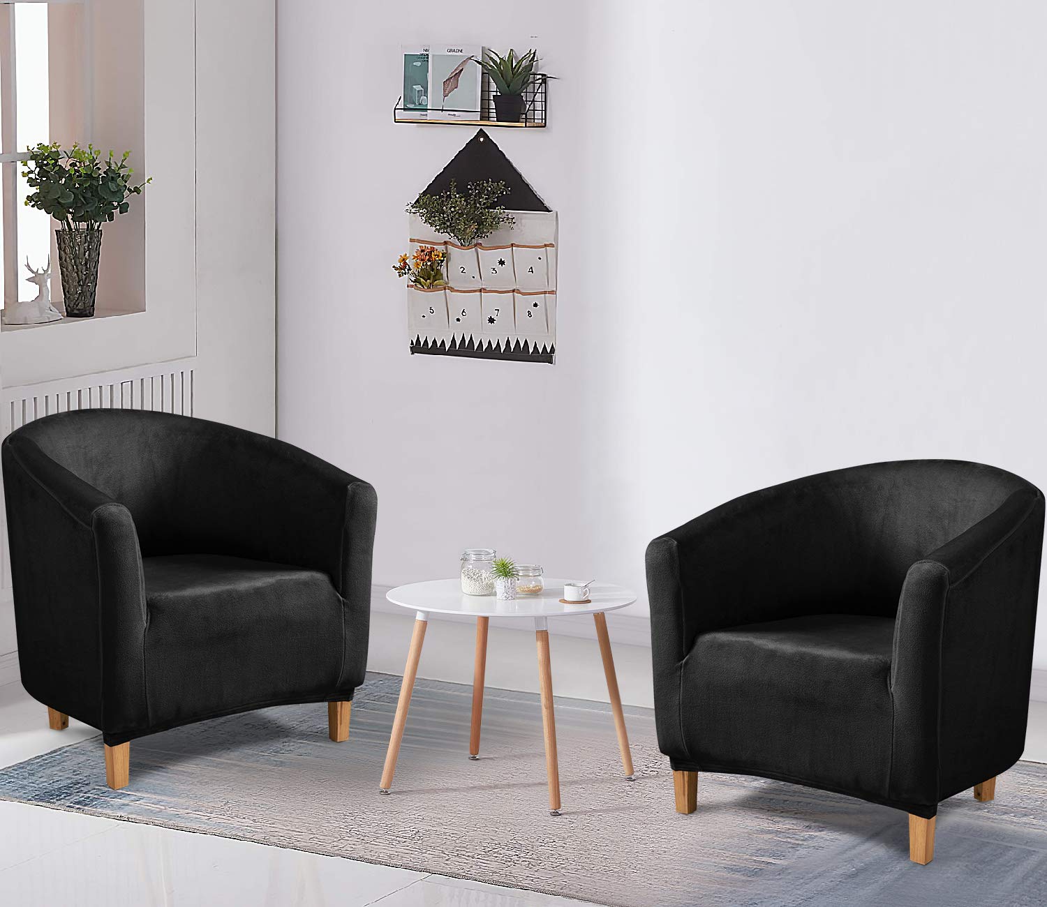 TIANSHU Velluto Poltrona Da Cocktail Chesterfield Fodere Coprisedia, Morbido Peluche Elasticizzato Fodera Per Sedia Da Club Antiscivolo Copripoltrona Rimovibile Universale(Nero)