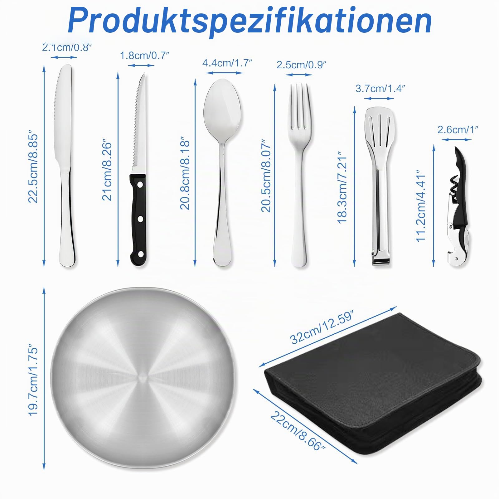 Camping Geschirr 2/4 Personen, 11/21PCS Camping Zubehör Camping Besteck Set Edelstahl Picknick Zubehör mit Flaschenöffner, Steakmesser, Löffel Gabel Messer Teller für Camping/Grillen/Wandern