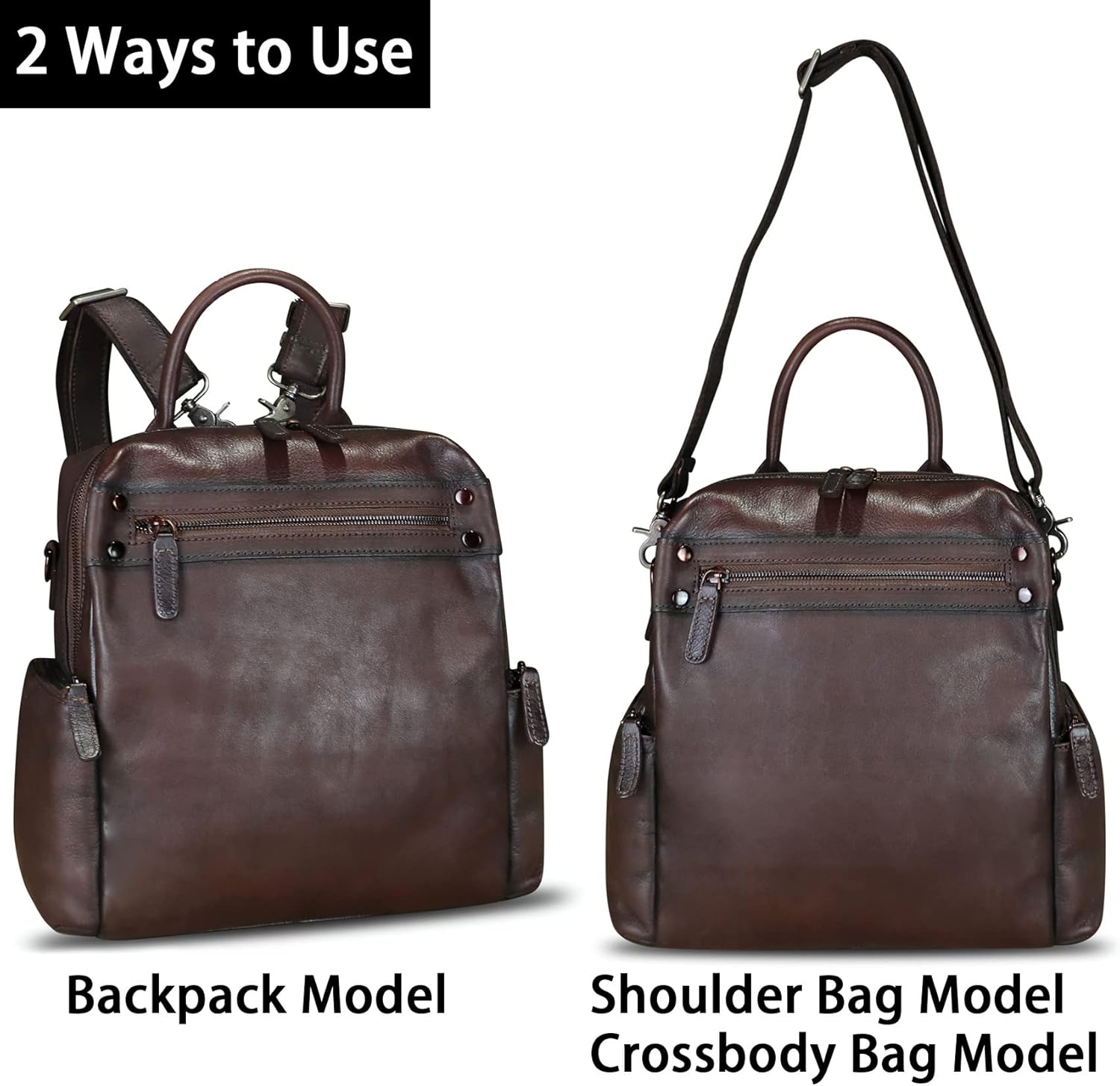 Genuine Leather Backpack Purse for Women Vintage Casual Daypack Knapsack Handmade Rucksack Convertible Shoulder Bag (Coffee) Medium - Image 2