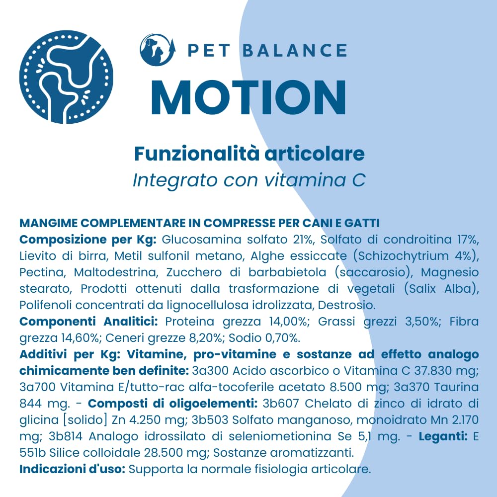 Pet Balance by Tecnozoo - Motion - Mangime Complementare per la Funzionalità Articolare - con Glucosamina solfato e Condroitin solfato (20%), Vit. E e C Fonte di MSM e DHA, 180 g 120 Compresse