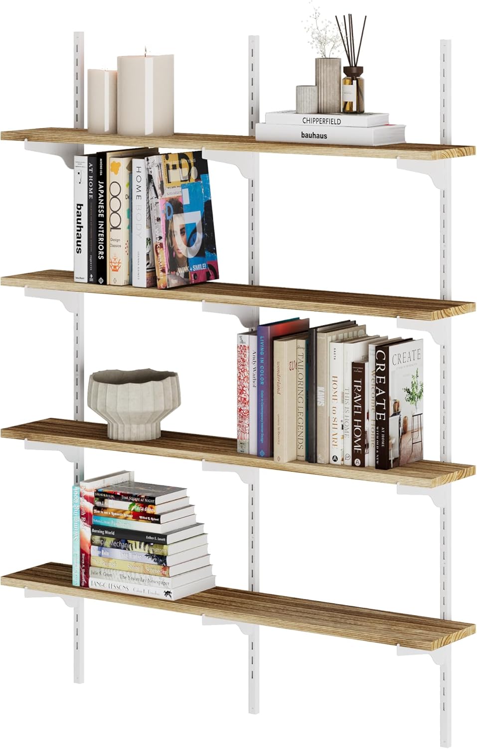 Wallniture Turin Height Adjustable Floating Wall Shelves for Storage, Organization and Home Decor, 36 inch Wood Shelf Unit for Kitchen and Closet Organization, 4 Tier Wall Bookshelf, White