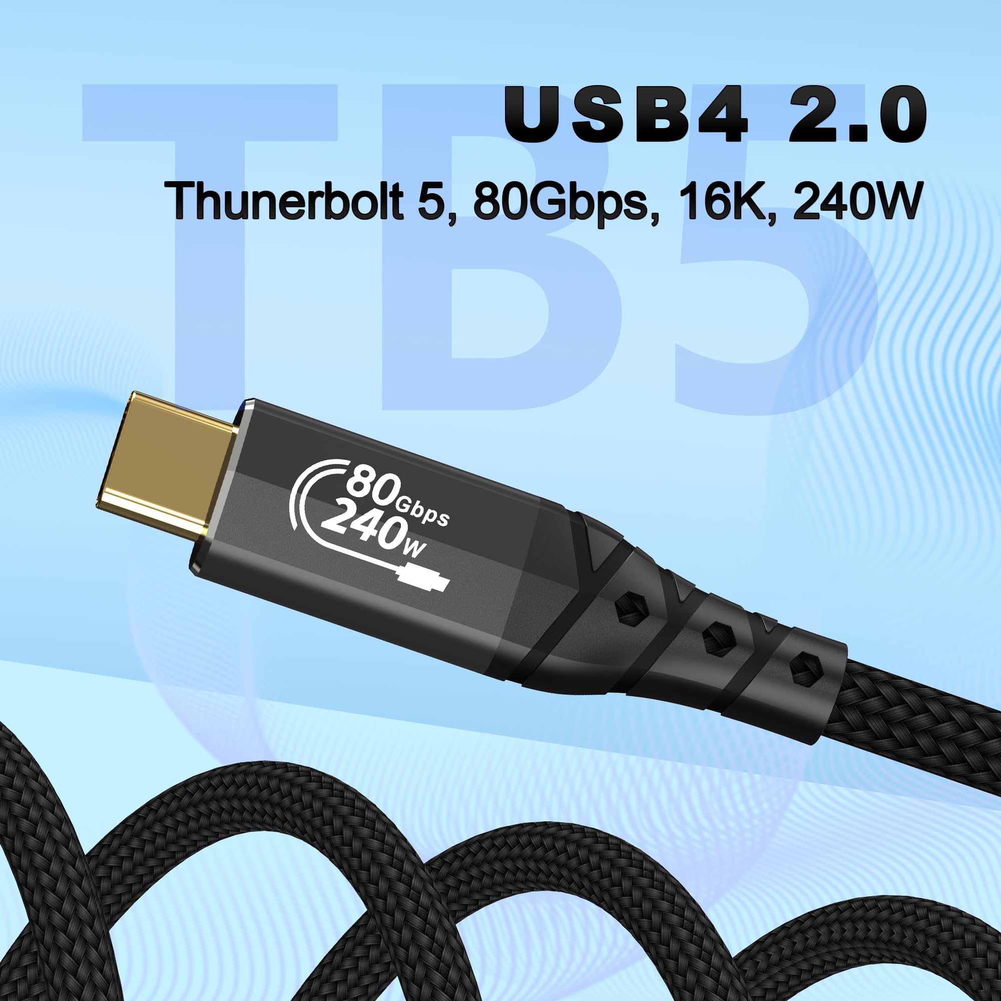 ZIKNYDO Kabel USB C Thunderbolt 5 3 m, transfer danych 80 Gb/s, przepustowość USB C 120 Gb/s dla wyświetlaczy 16K/Dual 8K, PD3.1 240 W, do Thunderbolt 4, MacBook M4, eGPU, Mac mini M4 Pro, monitor