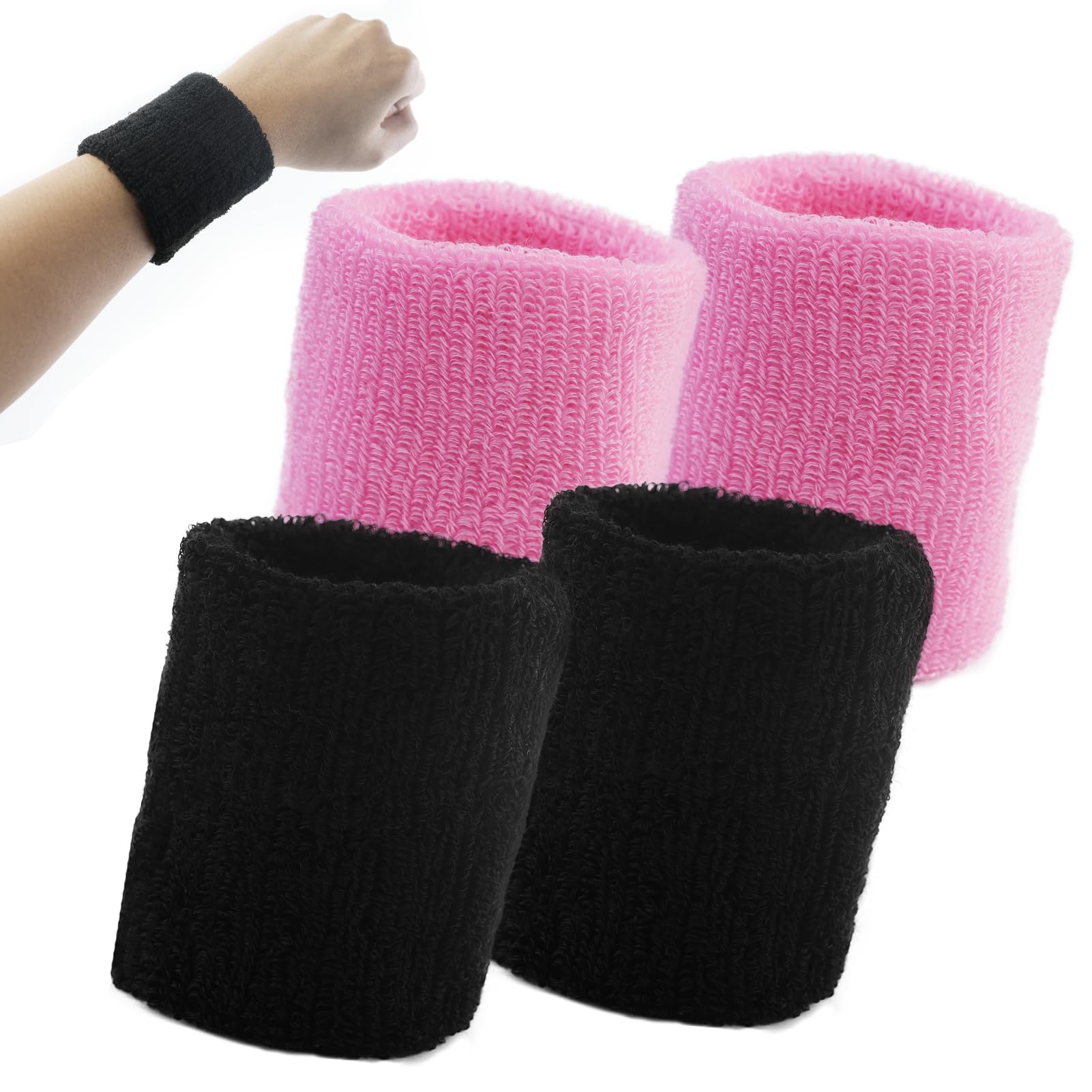4 PCS Polsini per Fascia, Polsini Sportivi in Cotone ad Alta Elasticità Polsini assorbenti dal Sudore Polsini per Il Sudore per Tennis Sport Basket Ginnastica（ Rosa e Nero）