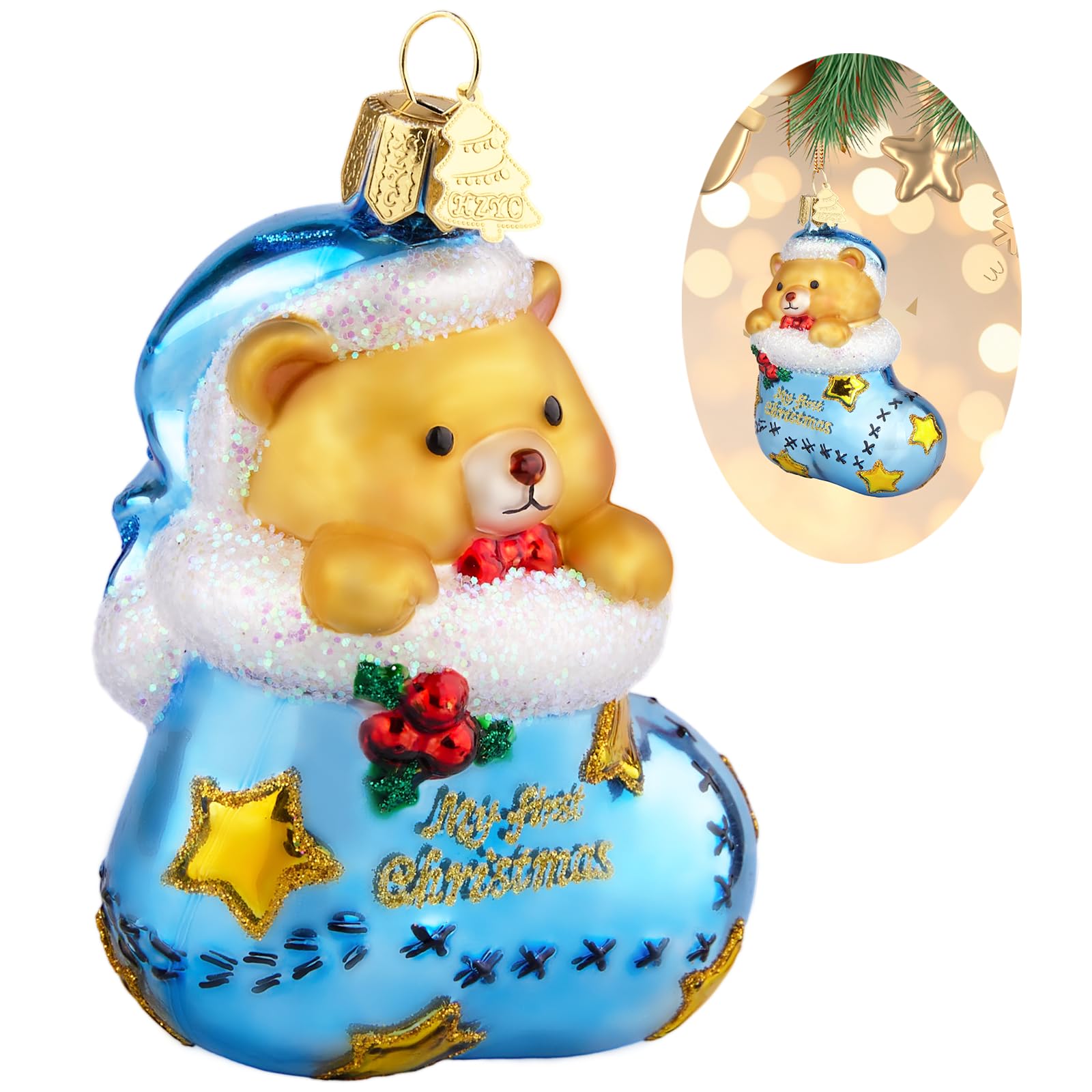 2026 Baby1st Christmas Ornament,Baby Boy Blue Socks Bear Ornament,Blown Glass Ornaments for Tree,Glass Baubles for Hanging,Christmas Decorations for Animal Lovers Holiday Party Baby Gifts
