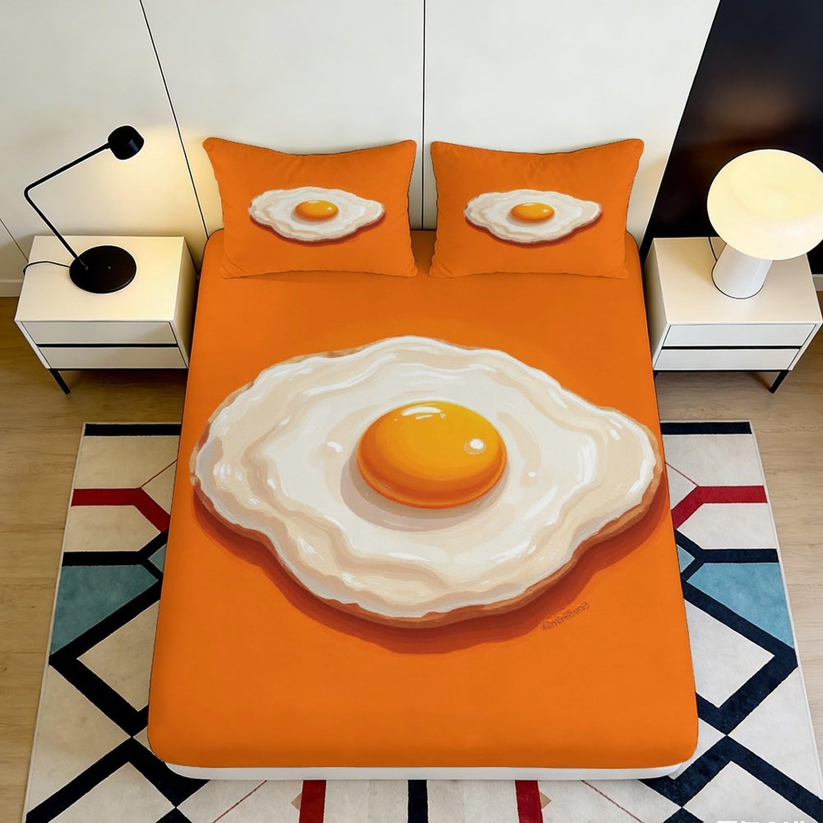 3D Printed Fried Egg Fitted Sheet Microfiber Orange Cartoon Breakfast Mattress Cover for Bedroom Guest Room Decor 90x200x25cm