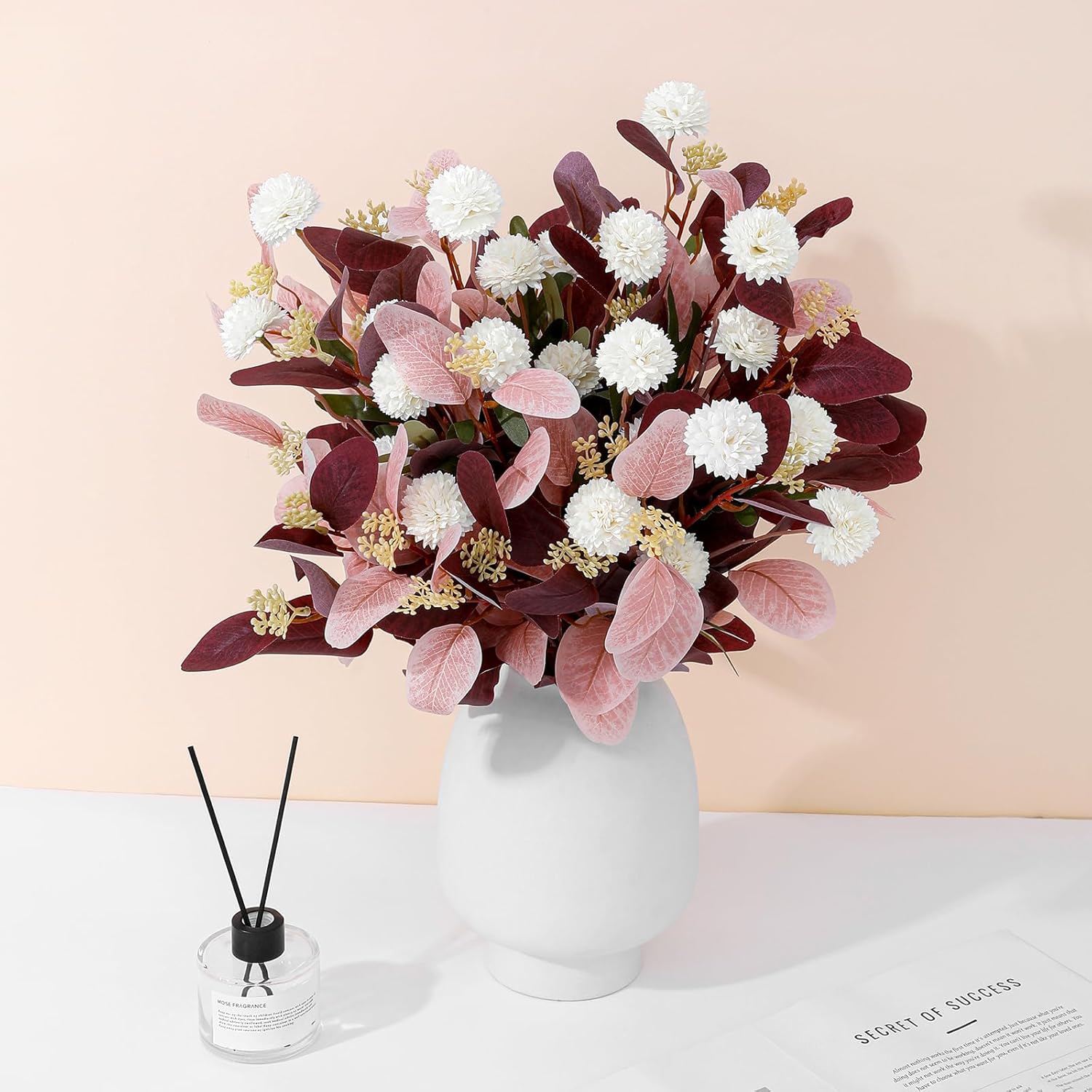 Dallisten Fake Flowers for Vase, 15 pcs Faux Silk Pompom Mum Artificial Flowers with Eucalyptus Stems, Mini Floral Long Stem Arrangements for Home Decor, Wedding, Table Centerpieces DIY Floral Designs