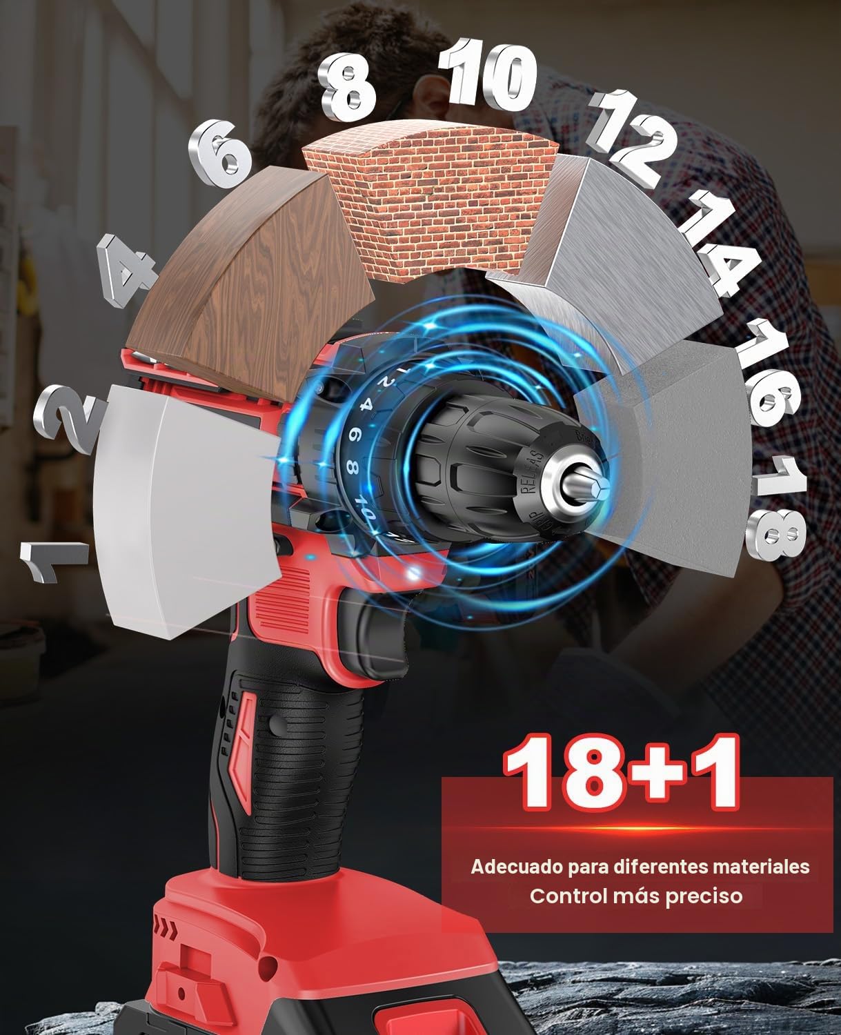 MHPRO Taladro Percutor a Bateria 21V, Taladro Atornillador Bateria con 2 Baterías 2000mAh, 42Nm, 18+1 Ajuste de Par Destornillador Electrico, 14 Accesorios, 2 Velocidad, LED Luz Para Hogar, Bricolaje