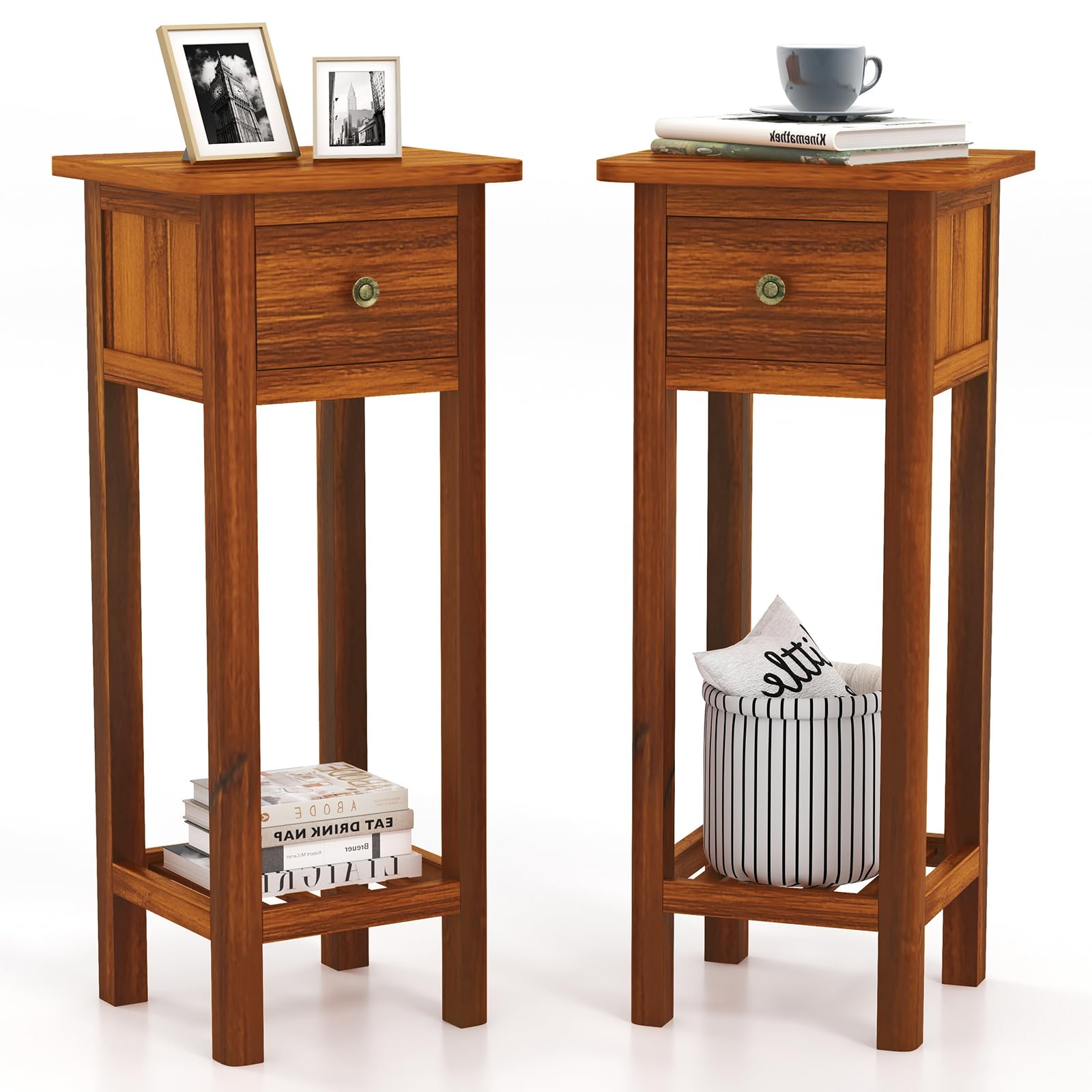 IFANNY Side Table with Drawer Set of 2, Tall Nightstand & Modern Slim Bed Side Table with Storage Shelf, Narrow End Table for Living Room, Bedroom,