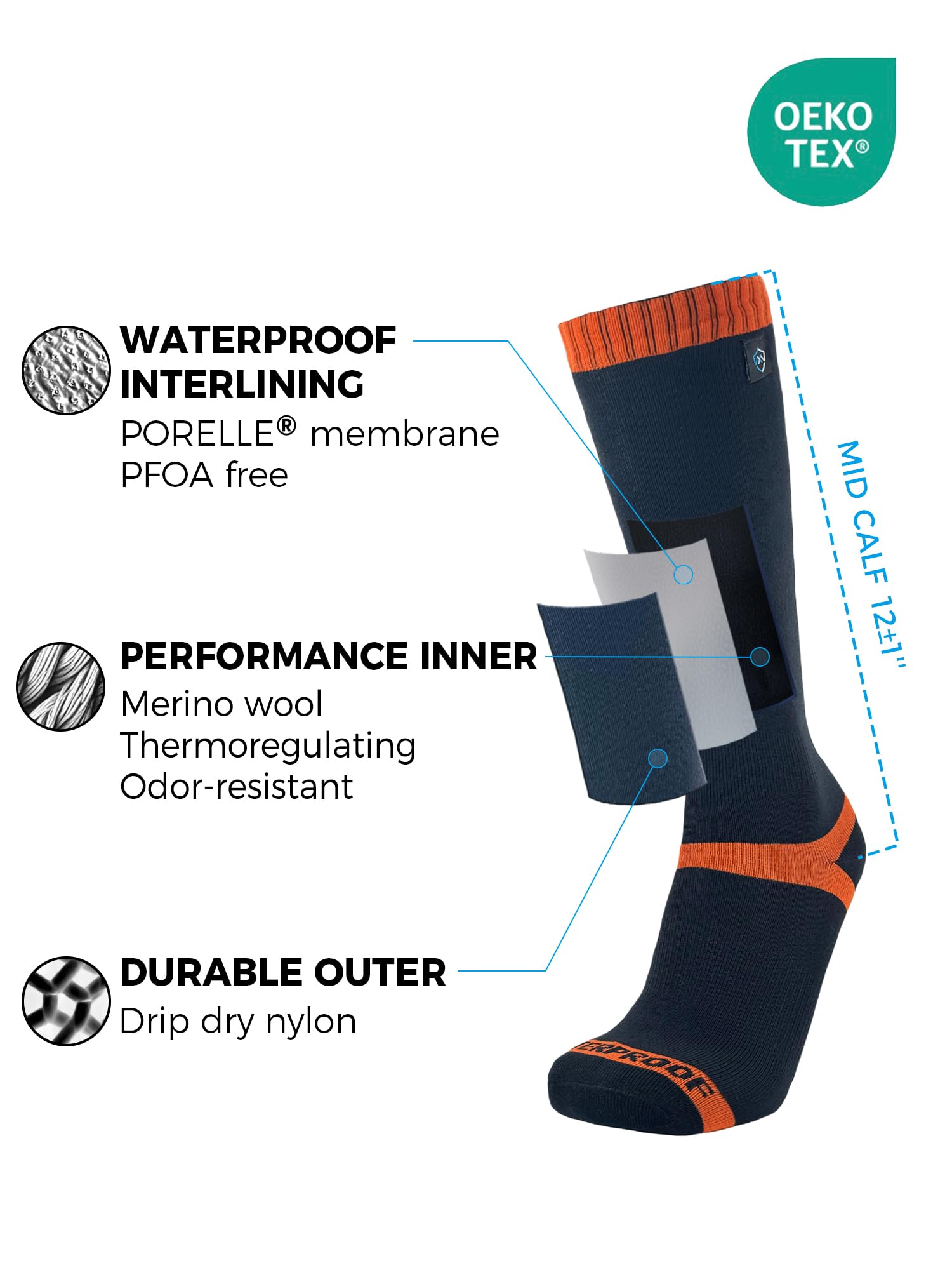 DexShell HYTHERM PRO - Calcetines impermeables unisex de media pantorrilla, color negro y naranja