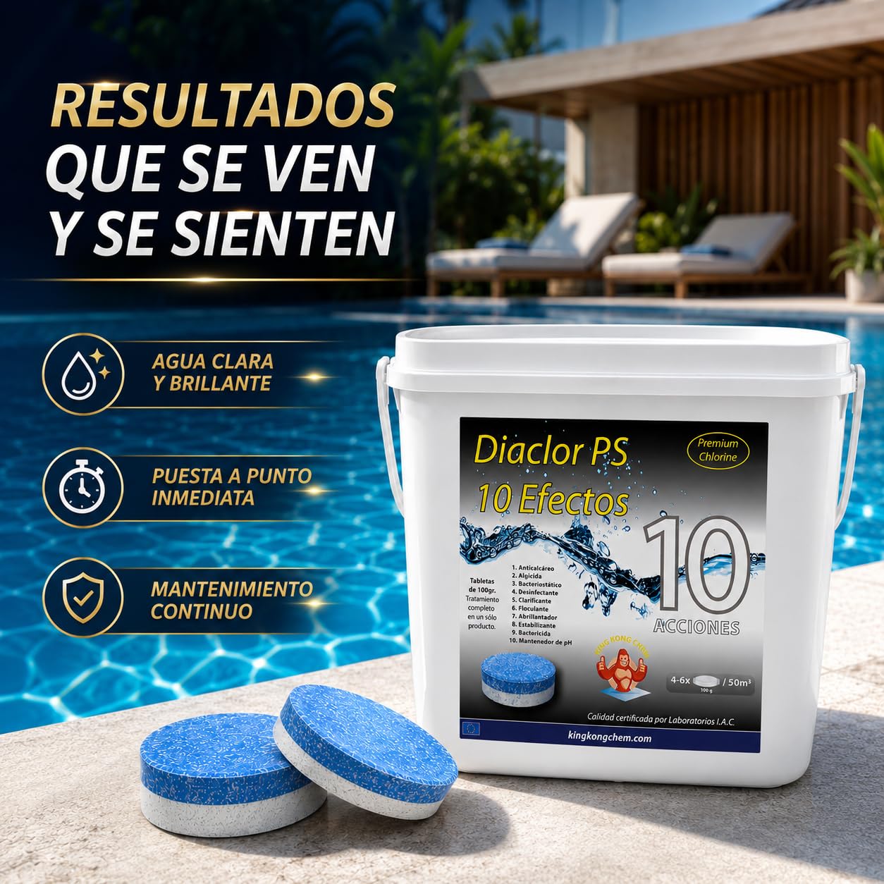 Pack 2 UDS - Cloro Total para Piscinas DIACLOR PS 10 Efectos 10 KG (2x5 KG) 100 Pastillas de Cloro Multiacción (100 gr) - Tratamiento Completo Profesional 10 Acciones