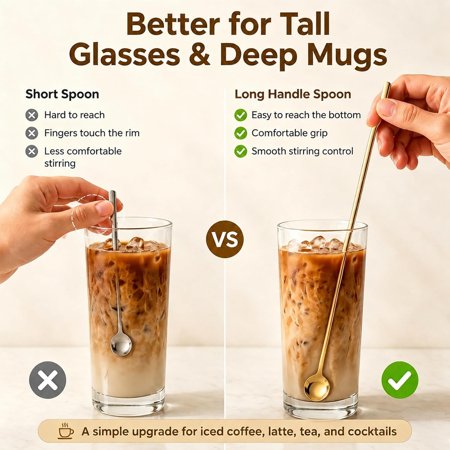 9.4 Inch Gold Stainless Steel Long Handle 4Pcs Iced Tea Coffee Spoons | Stir Spoons, Reach Tall Tumblers,Sleek Mirror Finish for Coffee, Iced Tea, Cocktail, Ice Cream at Home & Bar For Tall Glasses