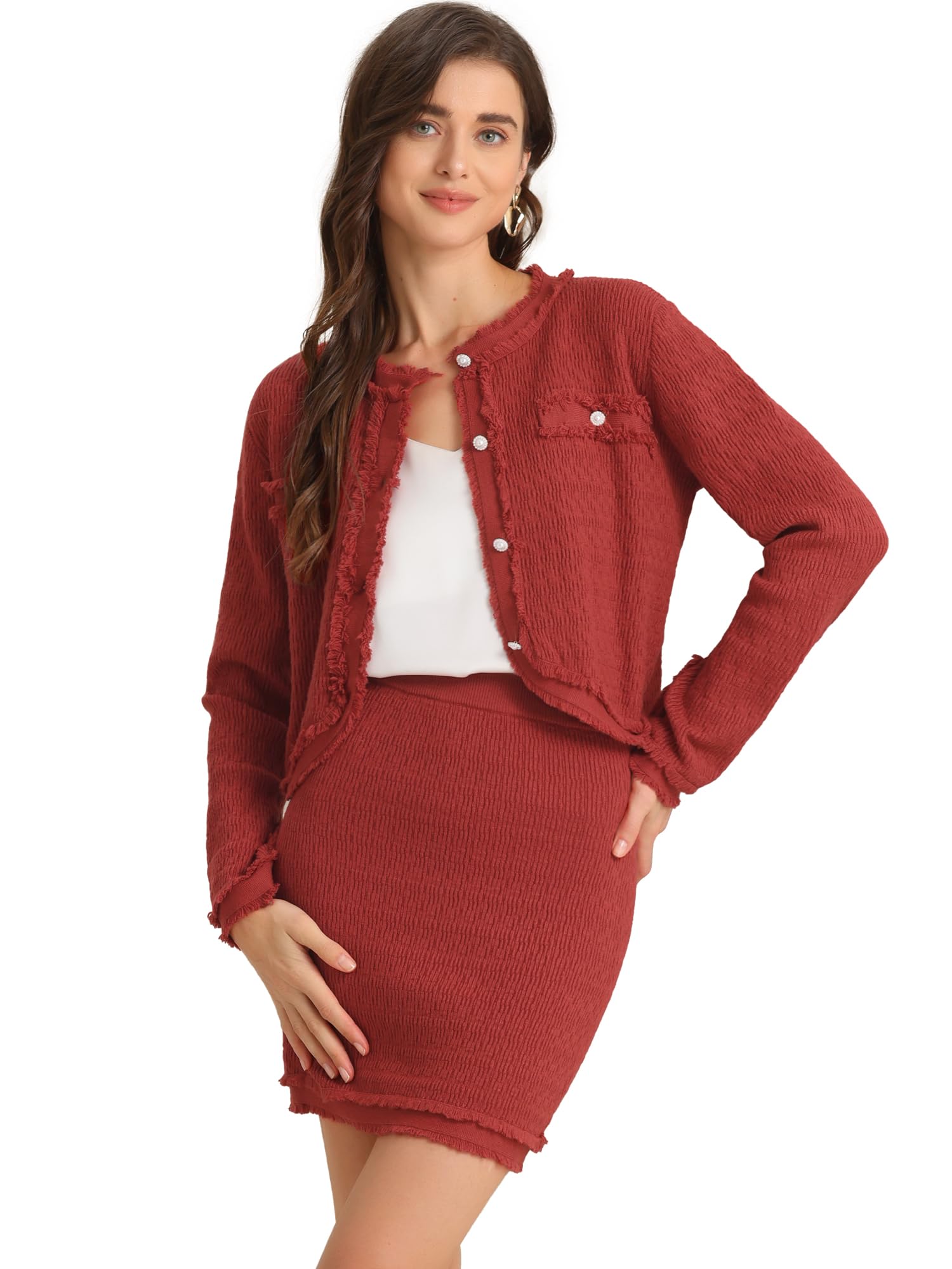 Allegra K Femme Ensemble Pull Jupe Manches Longues Veste Courte | Col Rond Manches Longues Fermeture Boutonnée Veste Courte Ourlet Brut Jupe Courte Taille Haute Ceinture Élastique Rouge L