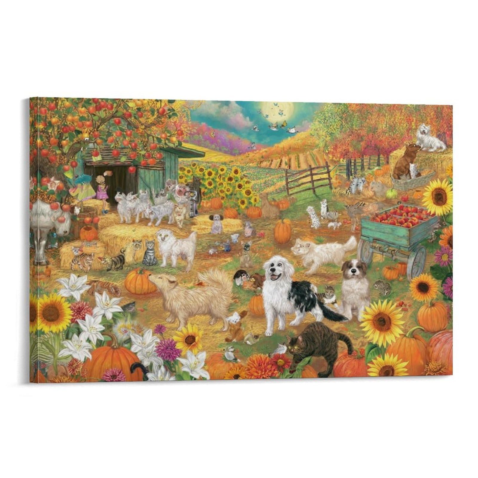 CPLVKWRQJ Autumn Farm Scene Single Autumn Farm Animals Puzzle Canvas Print - Office Wall Focal Art Fade Resistant Statement Piece Ready to Hang 12x18inch(30x45cm)