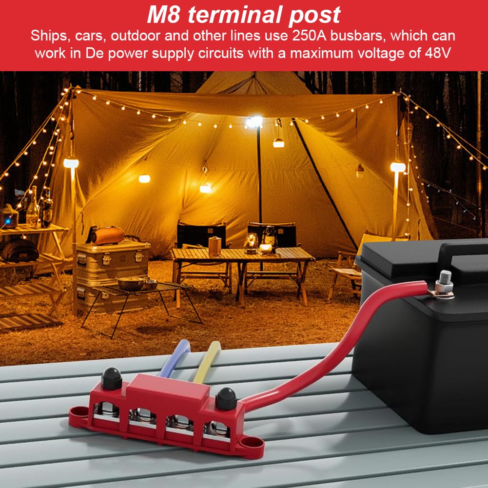 2 Stück 12V-48V DC Sammelschienen Verteilerblock mit 4 x M8 Klemmenbolzen, 250A BusBar Box für Auto Marine Auto Anhänger Wohnmobil Boot (Schwarz Rot)
