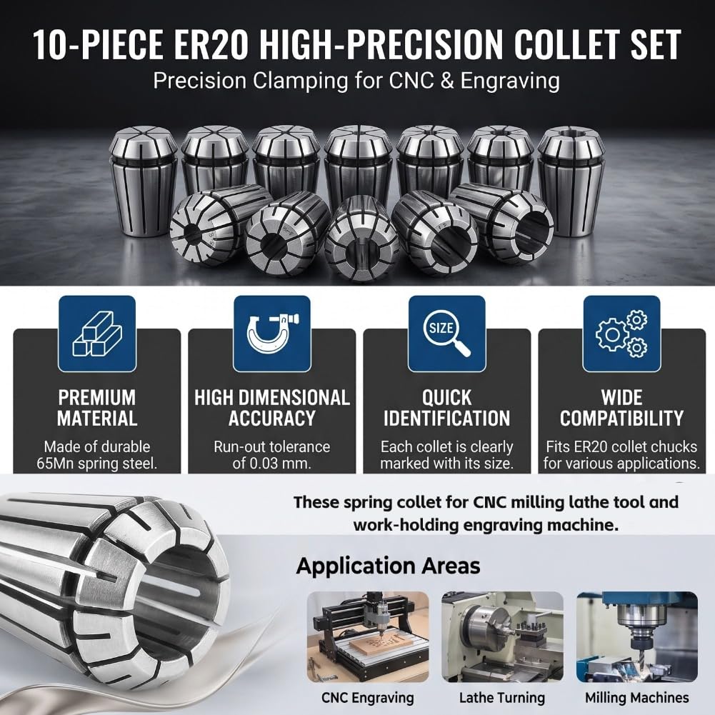 Paquete de 10pcs / set Set de pinza de alta precisión ER20 para máquina de grabado CNC y herramienta de torno de fresado 1/8 "~ 10mm