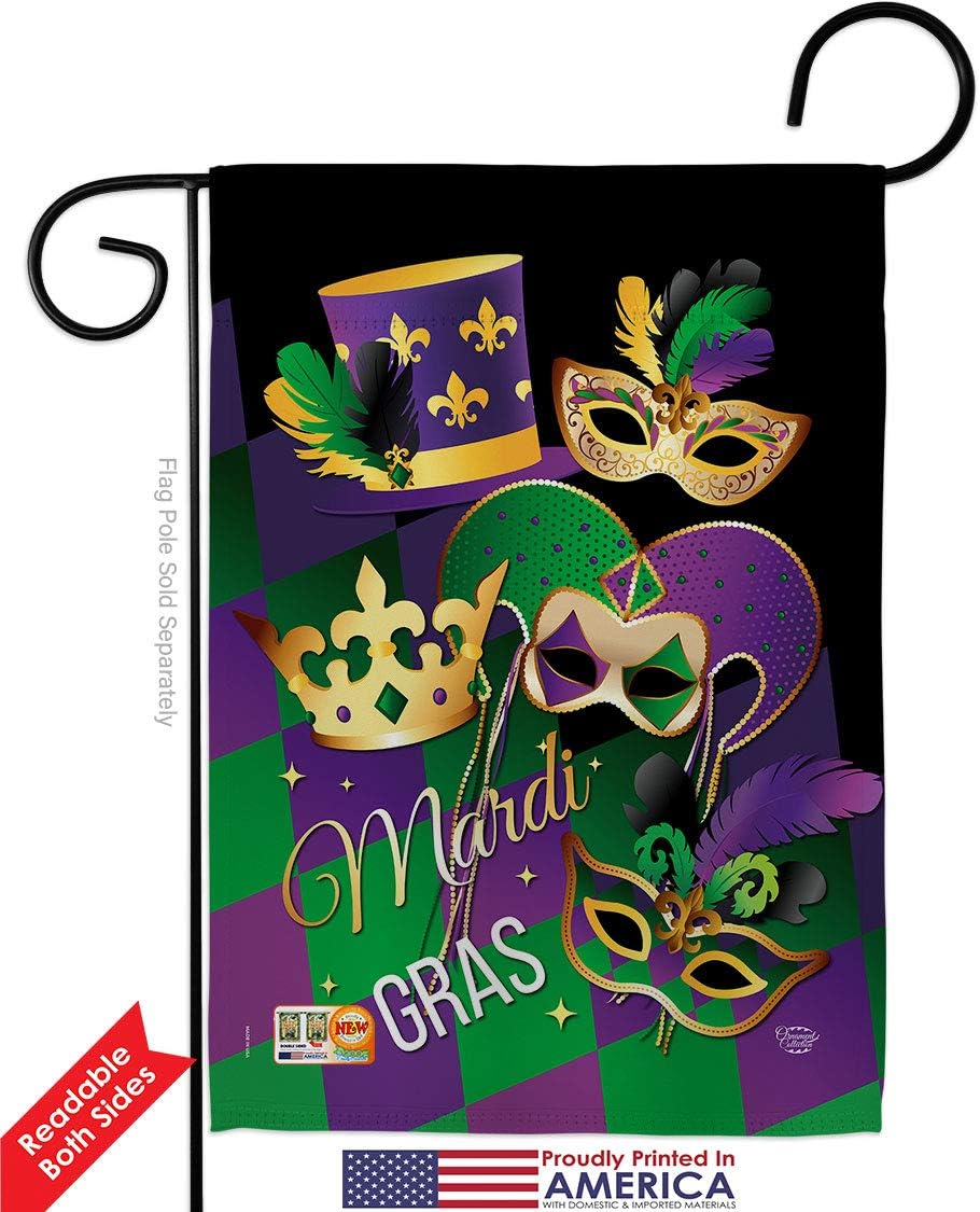 Mardi Gras Garden Flag Set Wood Dowel Springtime Carnival Festival Masquerade Celebration Season Holiday French Small Decorative Gift Yard House Banner Double-Sided Made In USA 13 X 18.5
